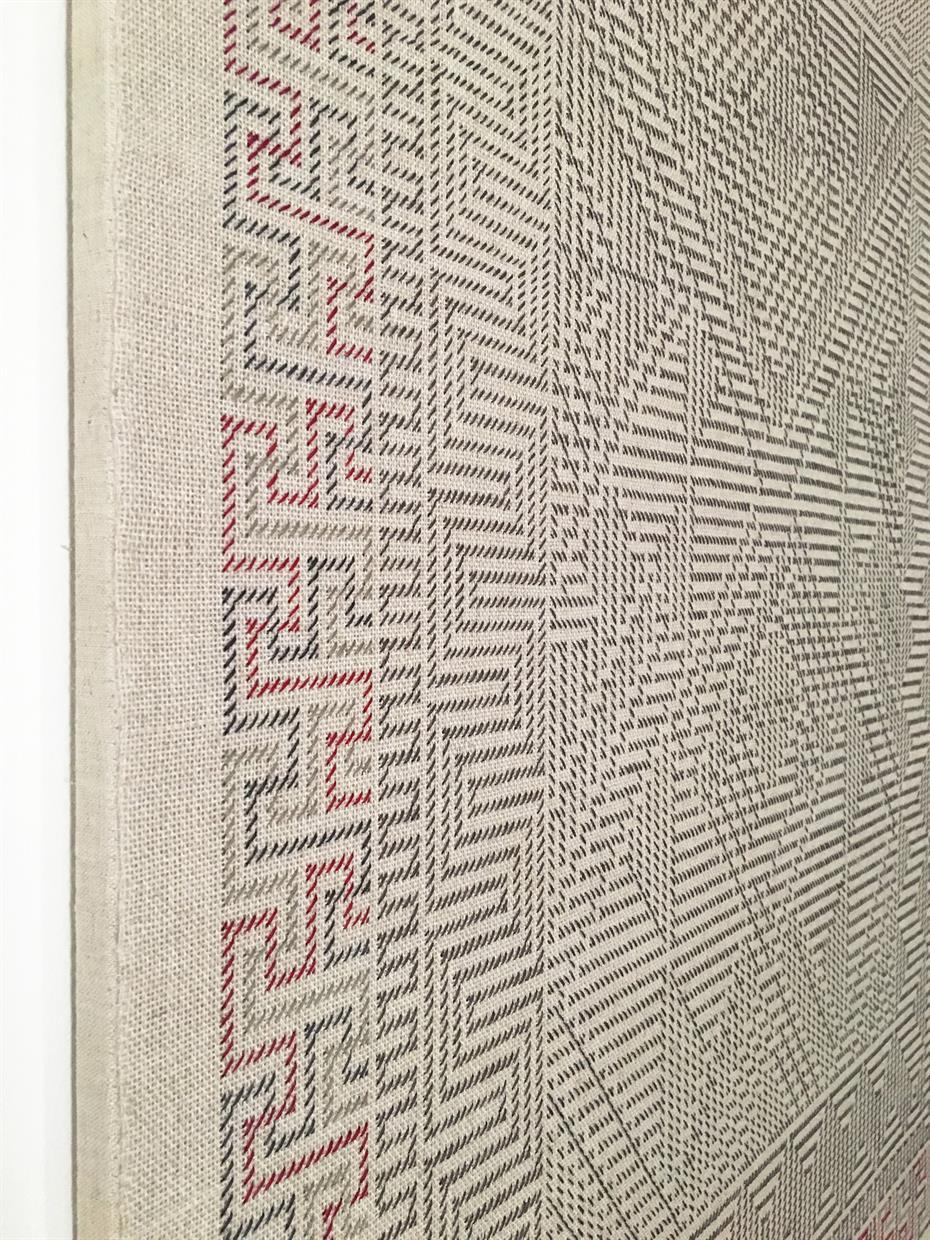 My current body of work is constructed on the loom. To create these pieces, I draw my image to scale using graph paper. I then embroider as I weave, working about 7 inches at a time. I weave a section, then embroider into the cloth using a counted stitch technique.