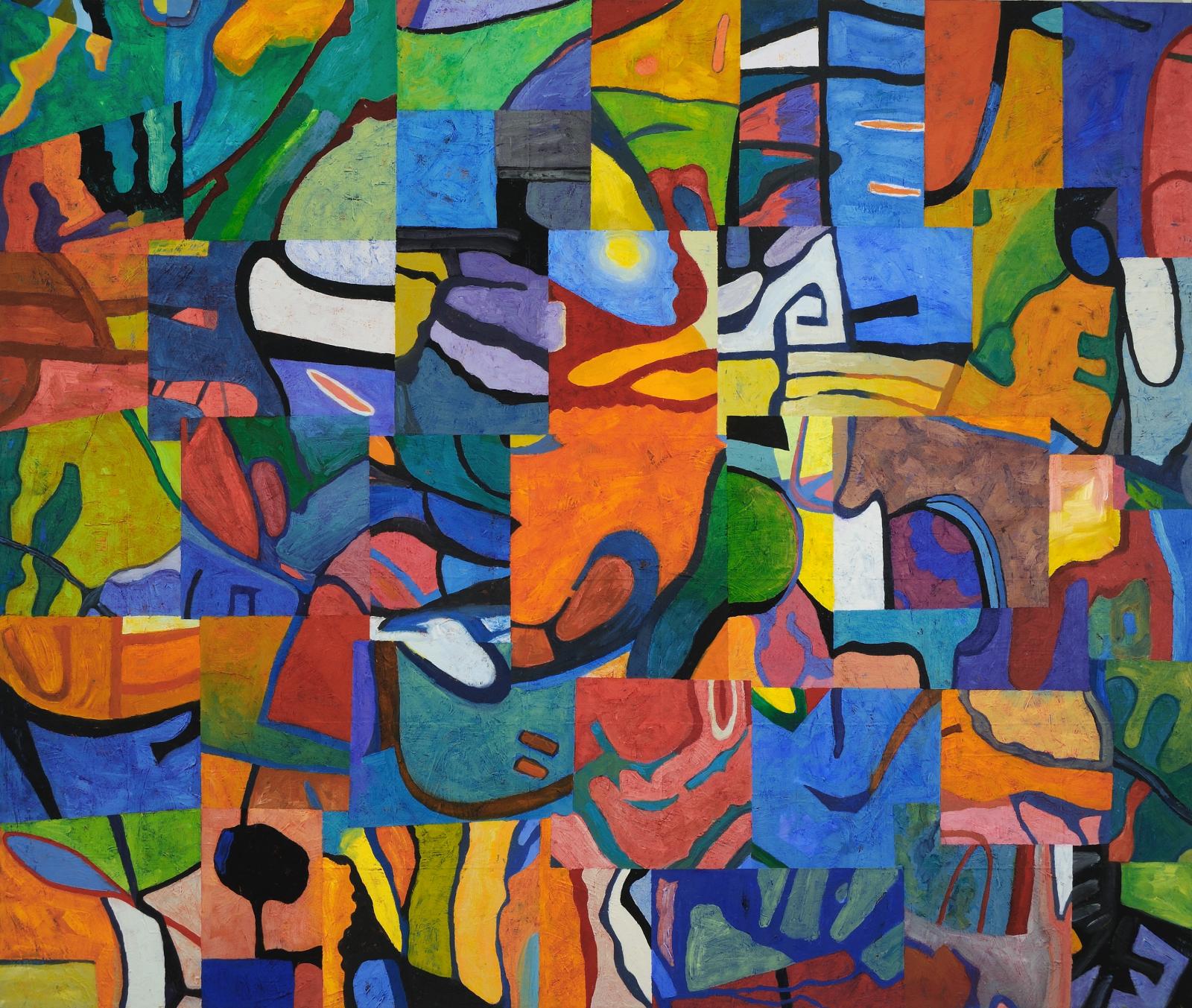 Bright shapes in a quilt-like composition.