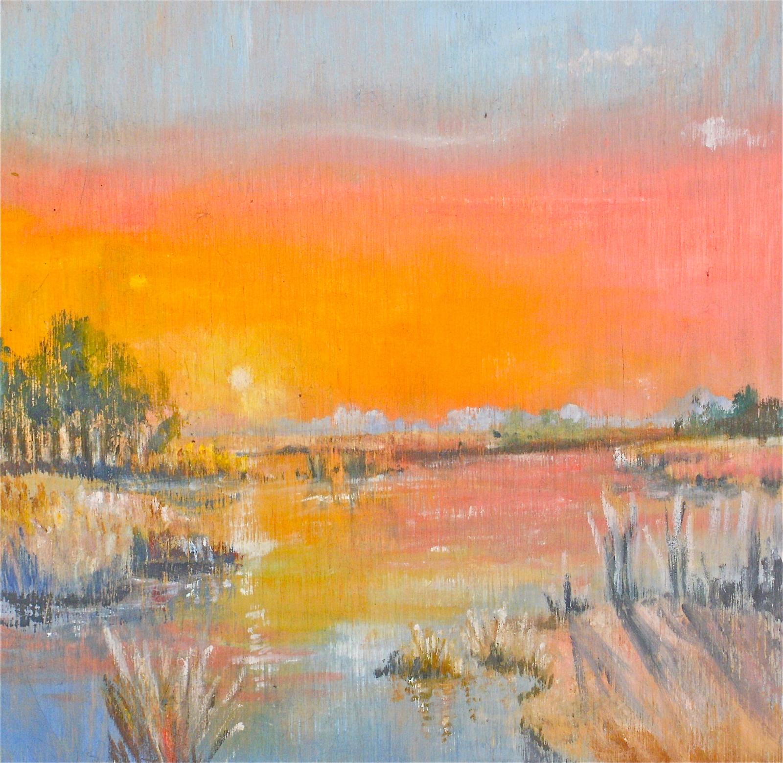 This is a 9x9 inch oil on plywood painting which depicts the Chesapeake Bay at sunset in Manokin, MD. In this painting, I focused on using a warm color scheme by incorporating colors like warm pink, orange, and yellow. For this particular scene, I wanted to depict a warm serene mood so I concentrated more on capturing the calm stillness of the water and sky.