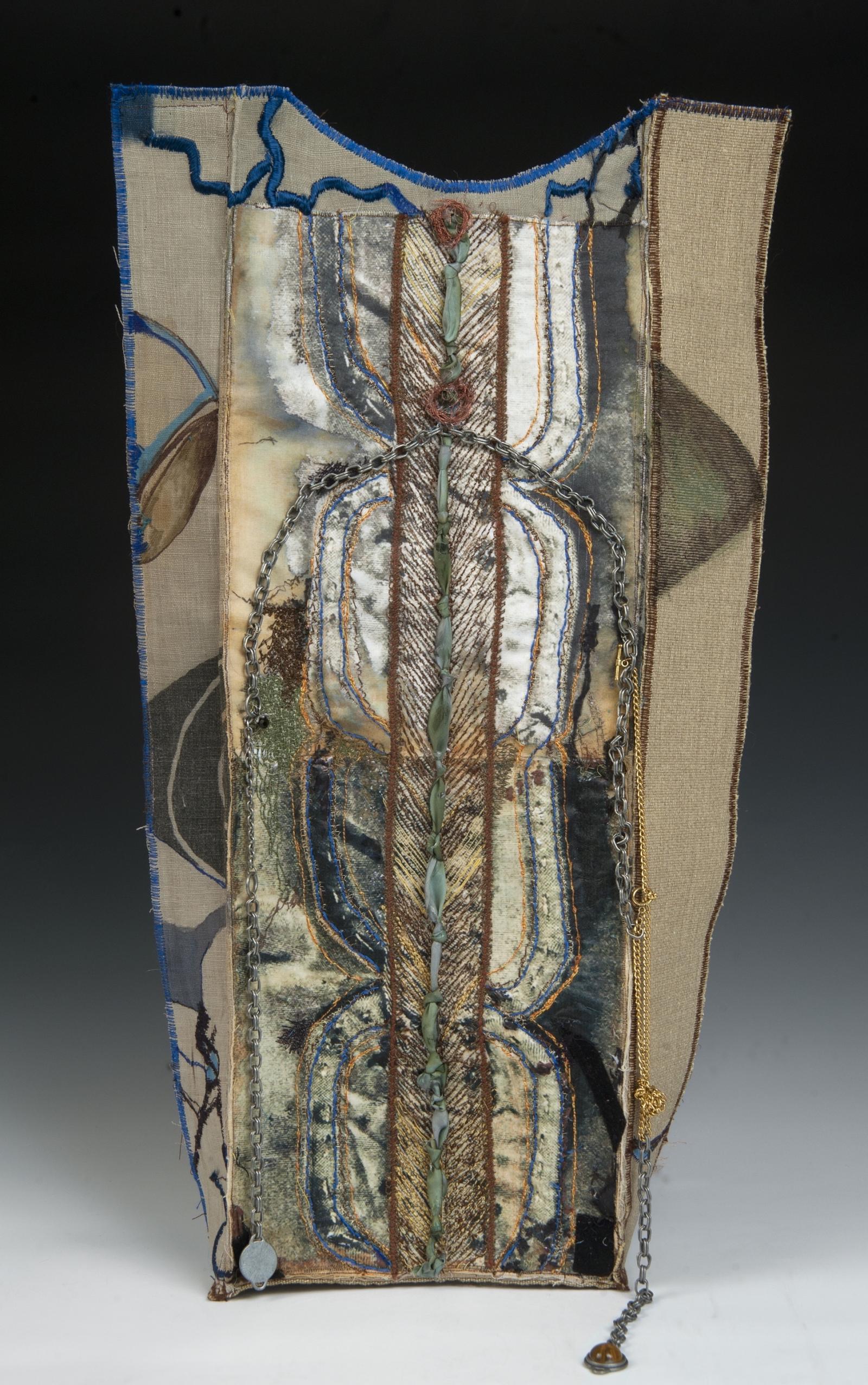Research at the Historical Society of Montgomery County,MD, led to the above work. The African American Community that lived here in the 1800s. The work alludes to the inner garment and the chains -slavery. The image is digitally manipulated, stitched and collaged.