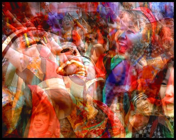 Faces of Japanese dancers performing at a festival in Kawasaki, Japan.