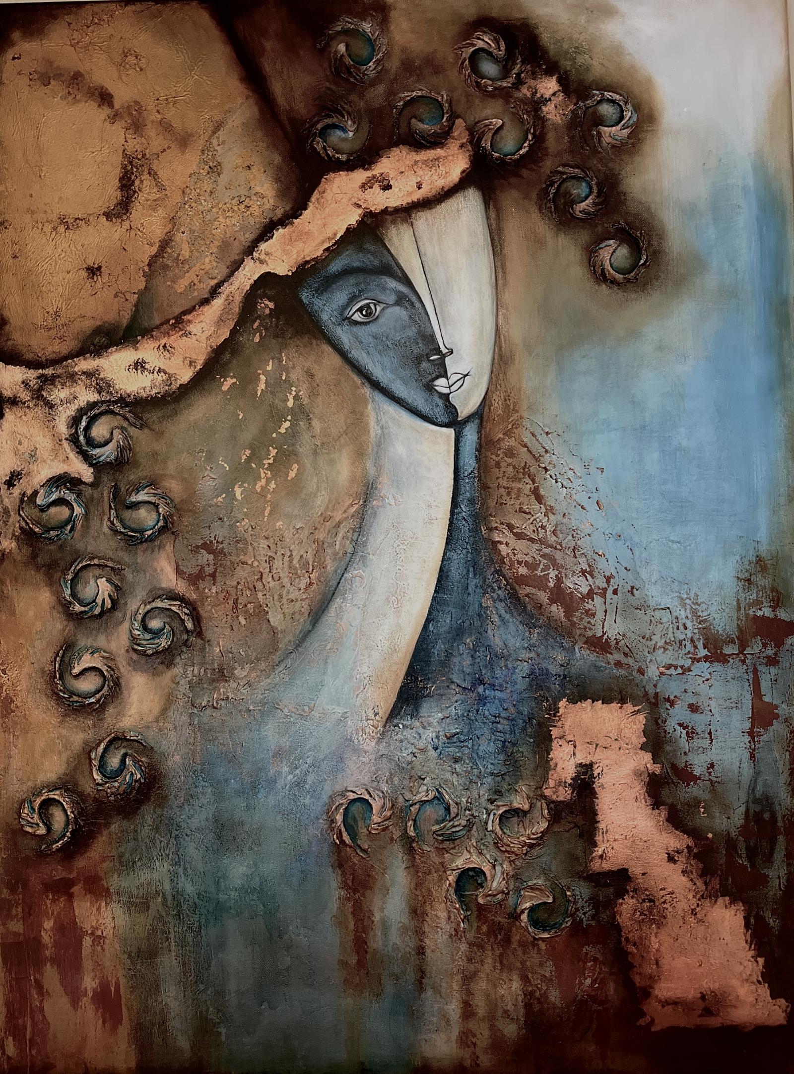 **Symphony of Duality** is a mesmerizing and enigmatic piece that captures the essence of human strength and duality. Measuring 40” x 30”, this artwork commands attention with its powerful yet serene presence. Rendered in acrylic, the canvas unveils a stylized and abstract human figure—an ethereal entity adorned with a long, elegant neck and simplified facial features that invite deep contemplation.

The figure's face is a realm of contrasts, divided into two distinct halves: one side bathed in serene shades of blue, the other in pure, unblemished white. This juxtaposition evokes a profound sense of duality, a yin-yang of existence that symbolizes the balance between opposing forces. The background is richly textured with earthy tones of brown and rust, gradually transitioning into cooler shades of blue. This hauntingly beautiful backdrop shifts and evolves, captivating the viewer as they gaze upon it.
ch canvas,
