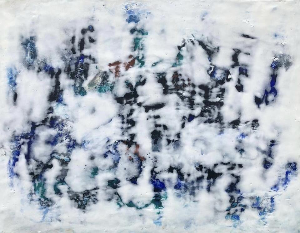 Scraping off layers of wax representing an icy snow exterior finds color and joy below. Encaustic on cradled board. Companion piece “Excavation 2” also available.