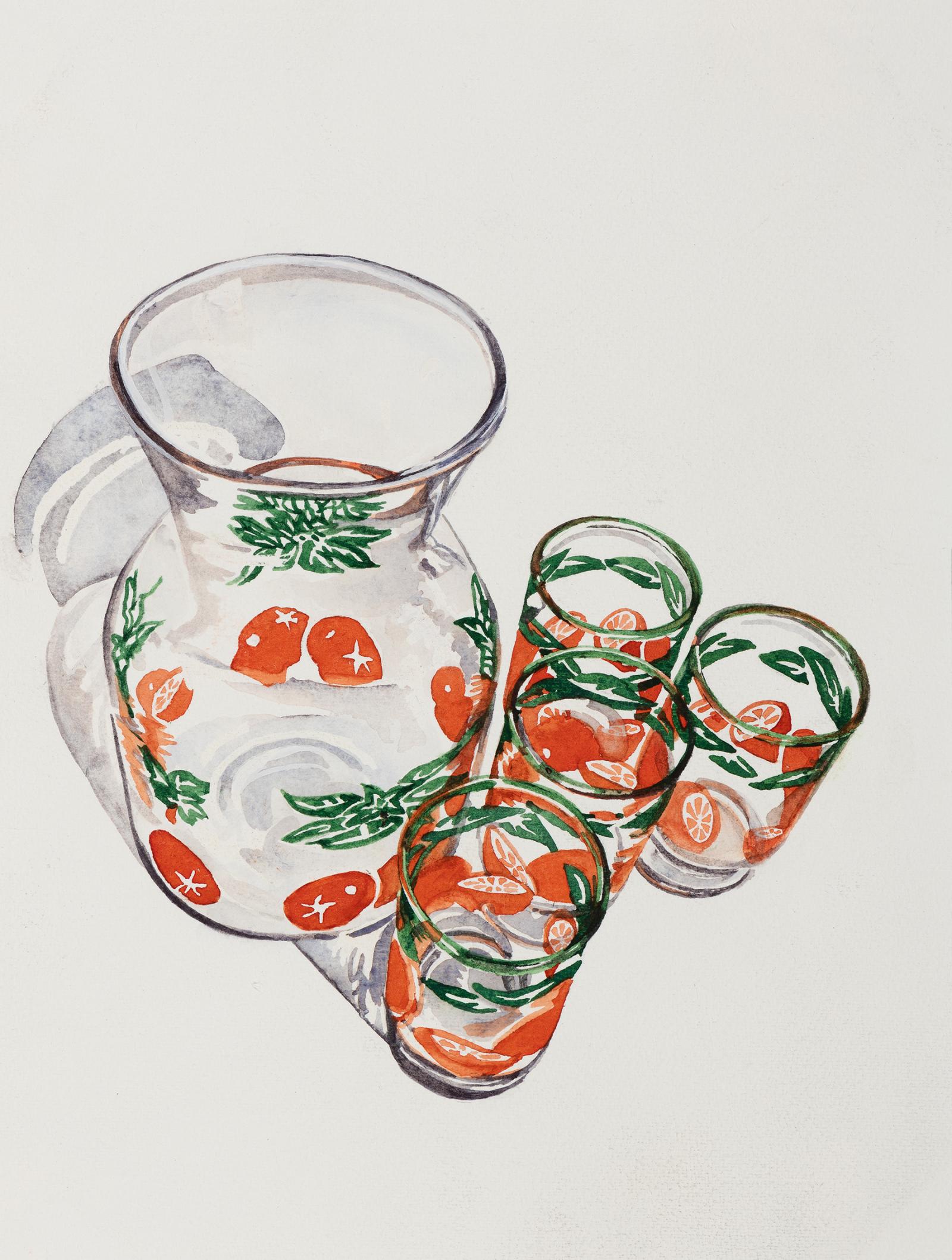 A staple of American households from the 1940s onward, the orange juice glasses depicted in this watercolor series were sold in so-called “Hostess sets” that typically included a carafe or pitcher and six to eight glasses. Priced cheaply for everyday use, they sold in the millions with the two major midcentury manufacturers, Libbey based in Massachusetts, and Anchor Hocking based in Ohio, duking it out for market share. Atypical for the time and still in production today, Libbey’s whimsical designs were the byproduct of the Jewish female design team of Freda Diamond and Virginia Hamill. Diamond, who stayed at the company until the mid-1980s was recorded in a 1954 Life magazine as having “probably done more to get simple, well-styled furnishings into every room of the average U.S. home than any other designer.”

Today, the majority of these sets are incomplete and sold in antiques malls and thrift shops. The photographs these paintings are based on were found on Ebay and other resale websites, where lots of midcentury enthusiasts buy whatever remains they can find of this period of design.