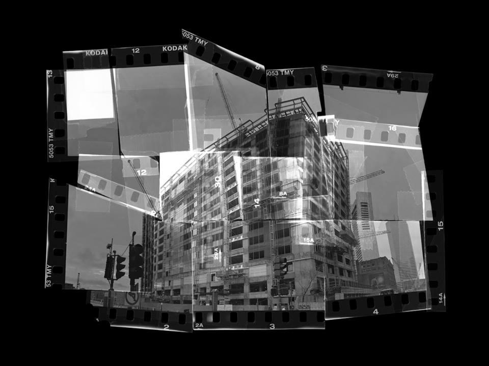 A photomontage of a building under construction in Boston.