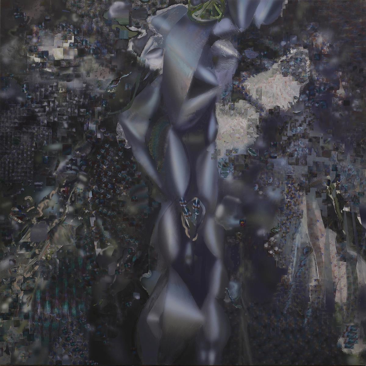 The source image of the painting was a very low quality picture of a flower bouquet. I sanded the surface of the wood after many coats of gesso to get a very smooth and flat screen-like quality and then rendered the picture by rollers and airbrush.