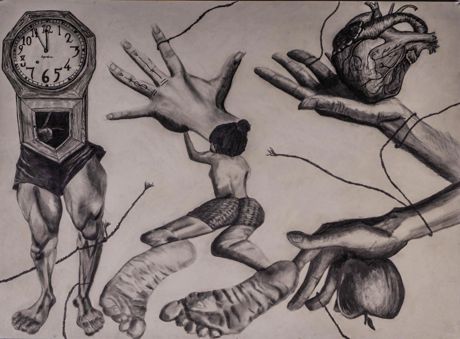 In this surrealist self-portrait, the artist confronts the fragmented psyche of a woman living with PTSD and the lasting echoes of sexual trauma. The composition is scattered yet connected by thread-like tendrils, symbolizing the tenuous bonds between moments, lovers, memories, and wounds that have yet to fully scar over.

