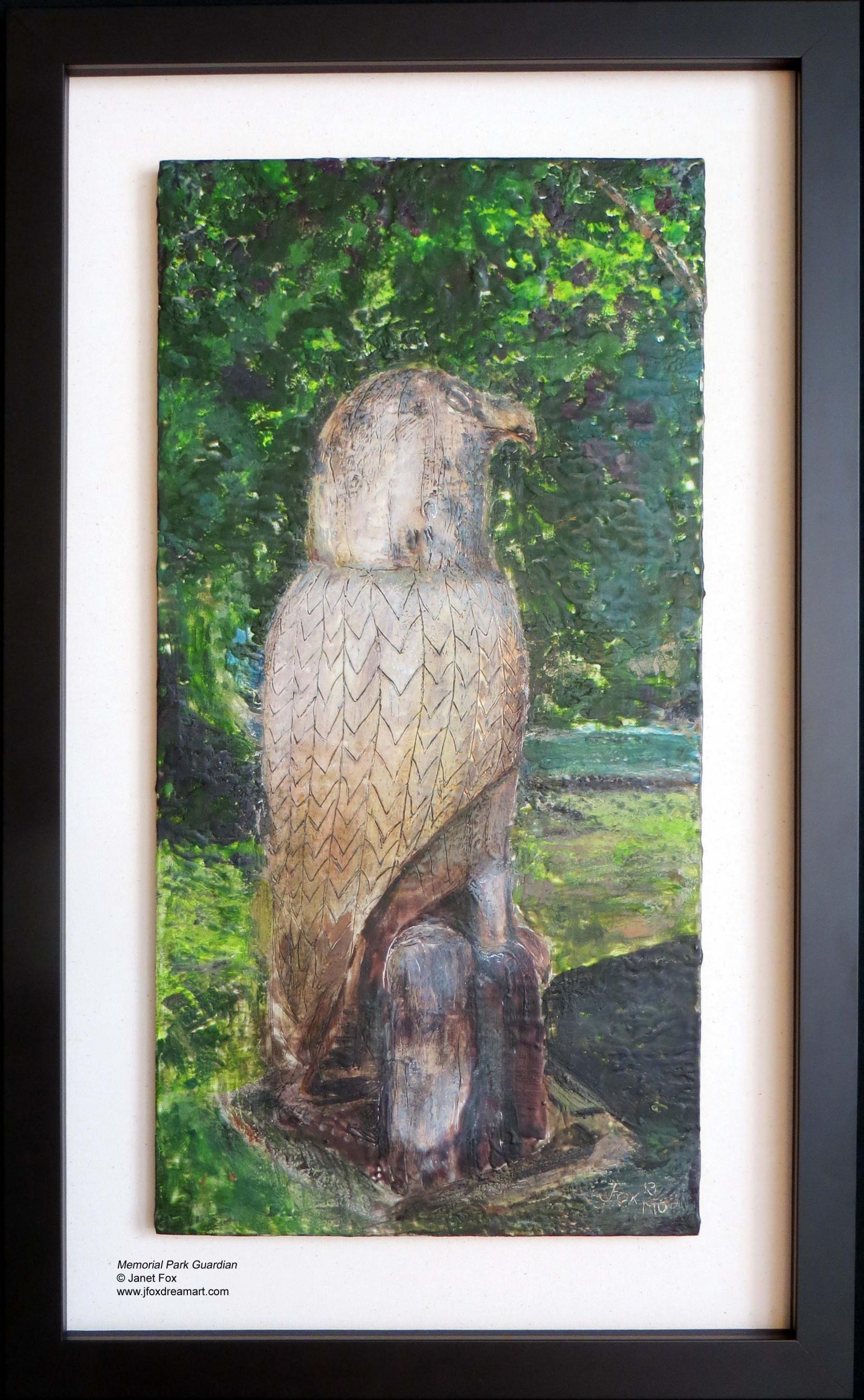 “Memorial Park Guardian,” a contemporary encaustic painting, is inspired by a large wooden carving titled “The Rising,” created by artist Jason Swain and located in the Ernest Memorial Park at Connecticut and Armory Avenues in Kensington, Maryland.
