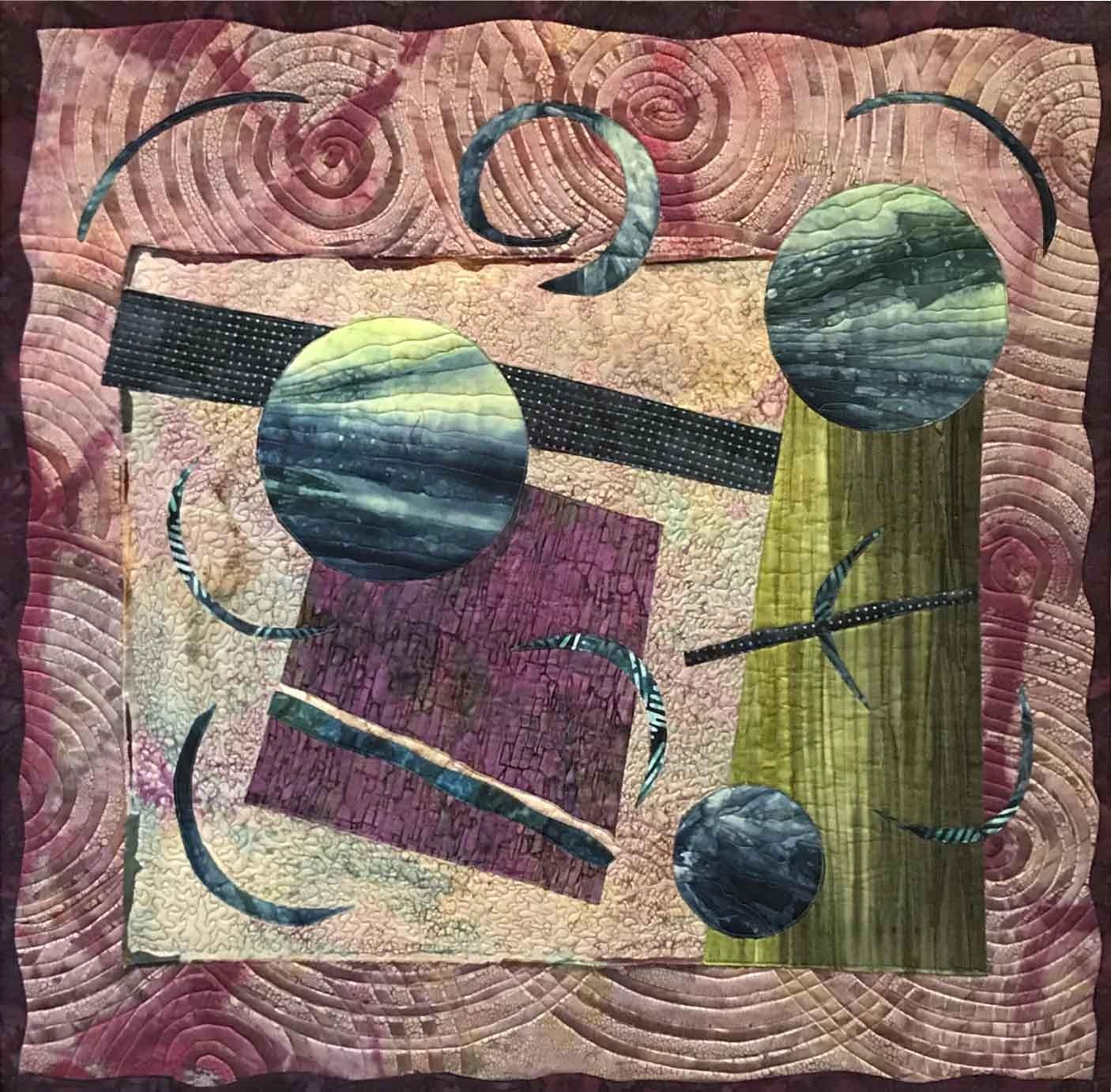 Fiber art collage.  Hand dyed and batik fabrics.