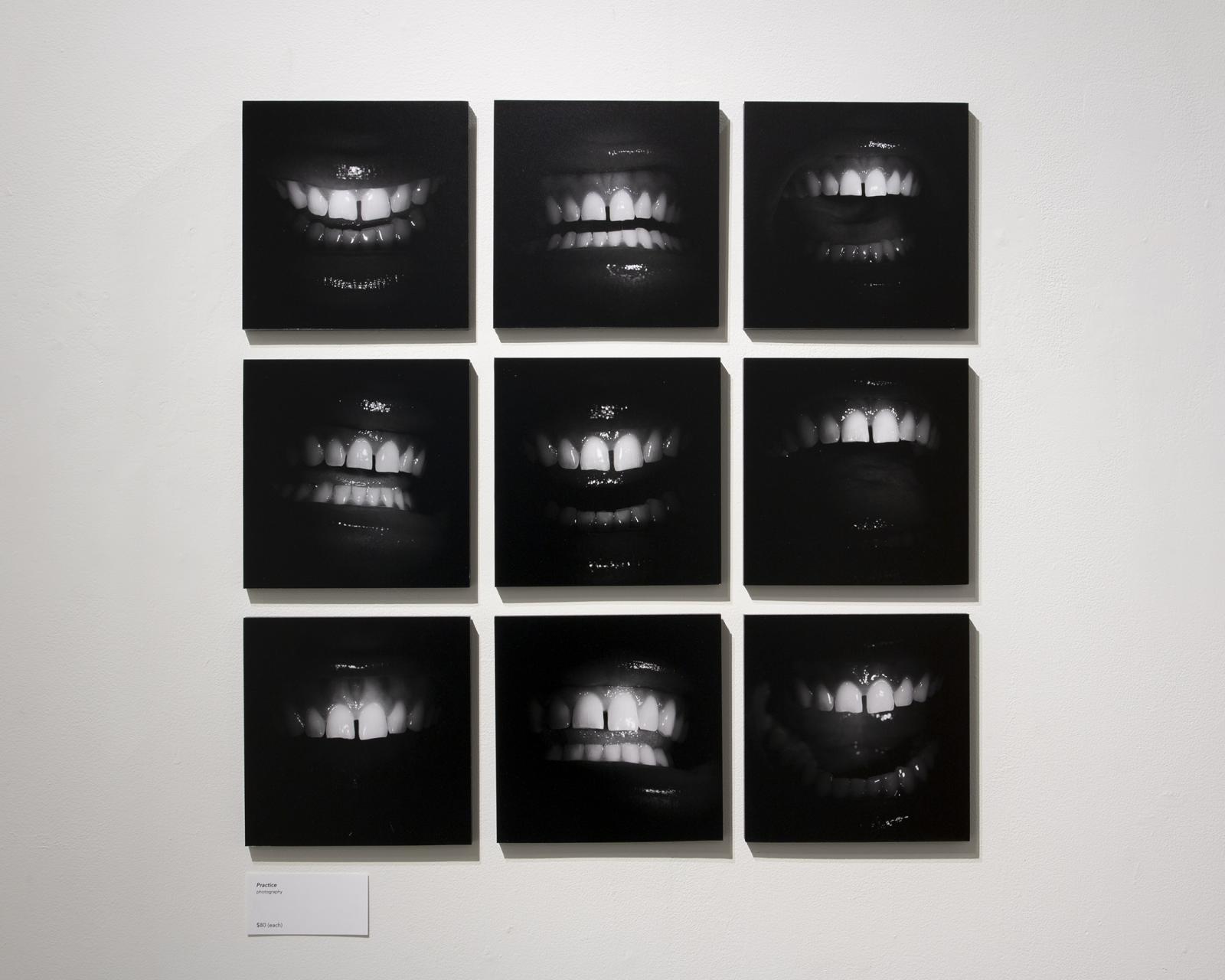 A grid of nine 8x8 in. photographs of white teeth on a black background. The mouths are smiling and laughing. Part of the series "With Teeth" on view at the Delaplaine Arts Center in Frederick, MD, Nov-Dec 2022.