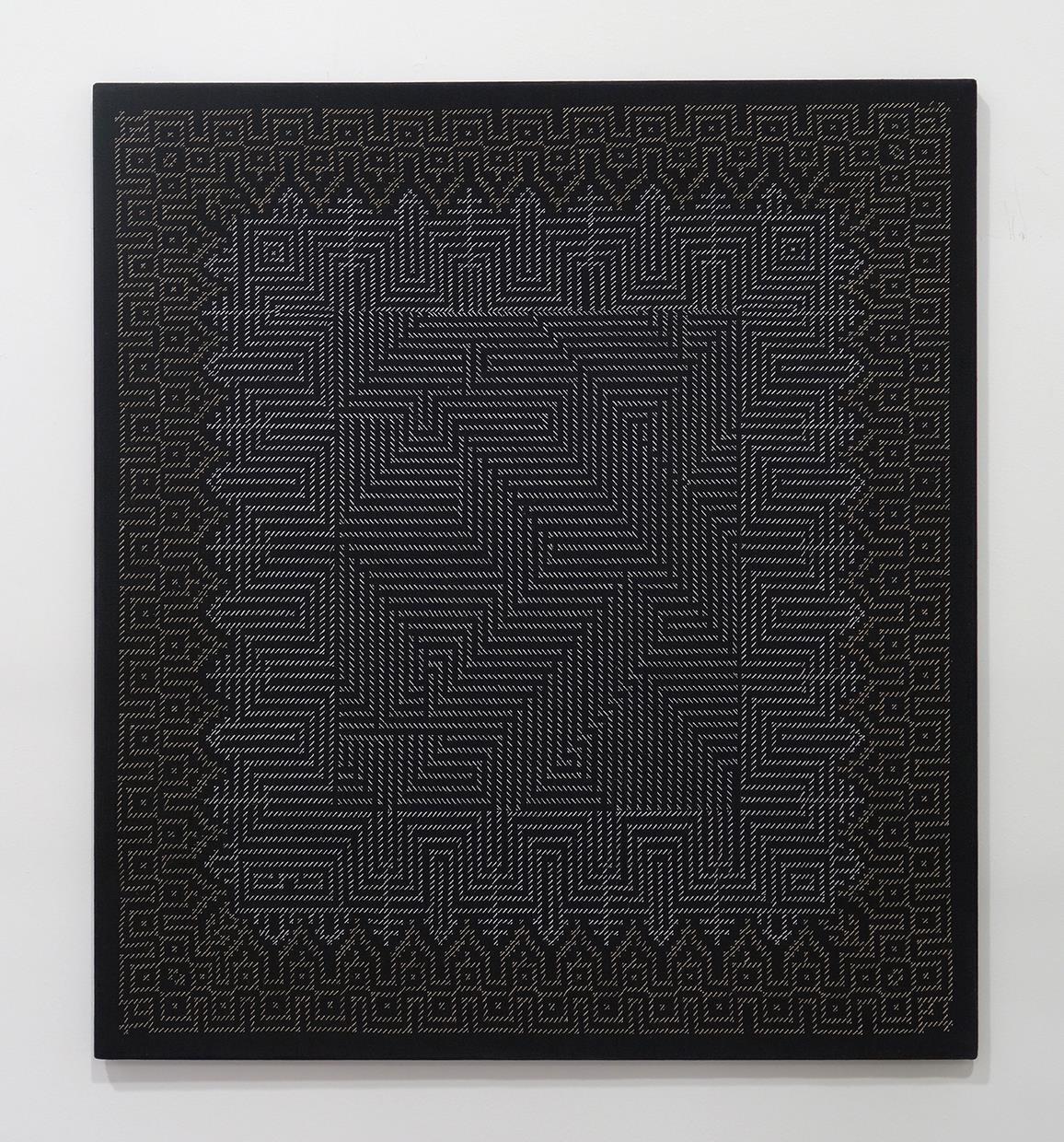 My current body of work is constructed on the loom. To create these pieces, I draw my image to scale using graph paper. I then embroider as I weave, working about 7 inches at a time. I weave a section, then embroider into the cloth using a counted stitch technique.