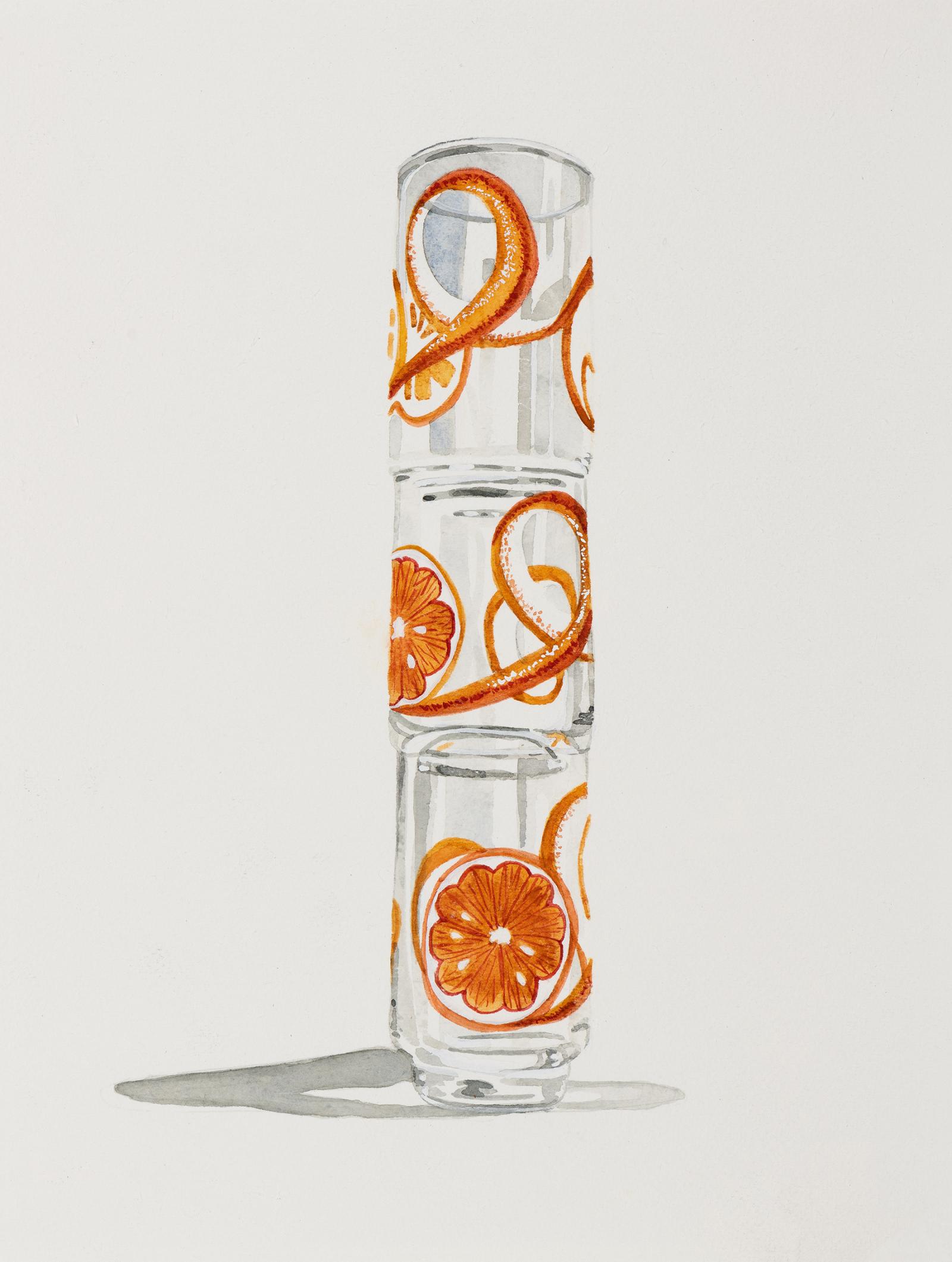 A staple of American households from the 1940s onward, the orange juice glasses depicted in this watercolor series were sold in so-called “Hostess sets” that typically included a carafe or pitcher and six to eight glasses. Priced cheaply for everyday use, they sold in the millions with the two major midcentury manufacturers, Libbey based in Massachusetts, and Anchor Hocking based in Ohio, duking it out for market share. Atypical for the time and still in production today, Libbey’s whimsical designs were the byproduct of the Jewish female design team of Freda Diamond and Virginia Hamill. Diamond, who stayed at the company until the mid-1980s was recorded in a 1954 Life magazine as having “probably done more to get simple, well-styled furnishings into every room of the average U.S. home than any other designer.”

Today, the majority of these sets are incomplete and sold in antiques malls and thrift shops. The photographs these paintings are based on were found on Ebay and other resale websites, where lots of midcentury enthusiasts buy whatever remains they can find of this period of design.