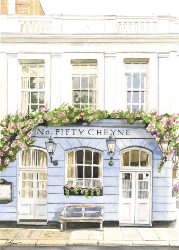 Original watercolor of Fifty Cheyenne Restaurant in London