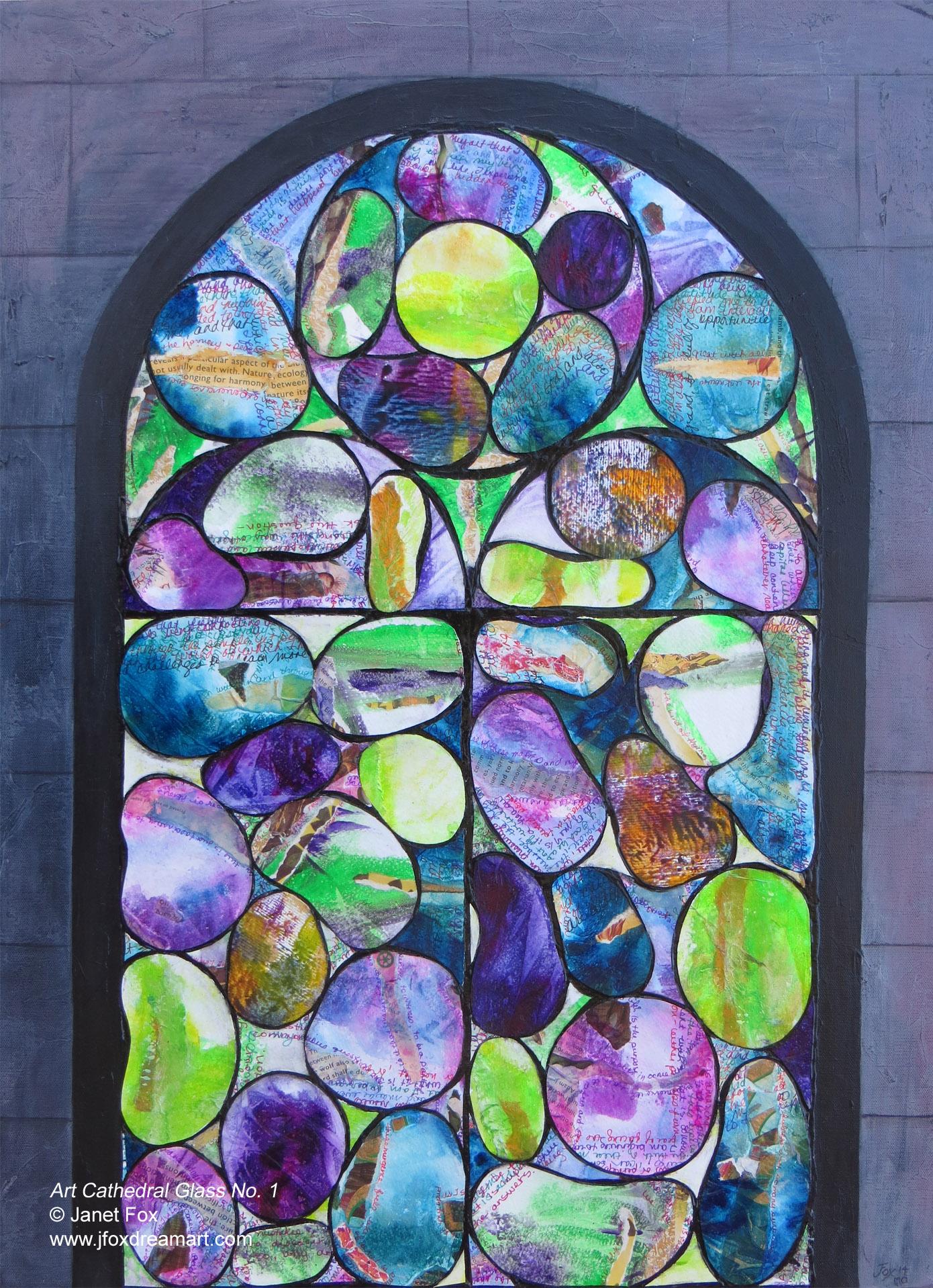 A contemporary mixed-media painting created with slices of Janet Fox's art and inspired by the Achatfenster (Agate Window) by Sigmar Polke in the Grossmünster cathedral in Zürich.