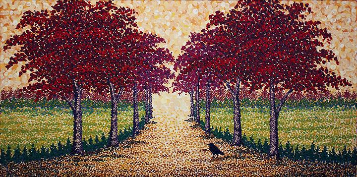 a crow standing on a lane the receded up the center of a long horizontal painting, red maples lining either side of the lane