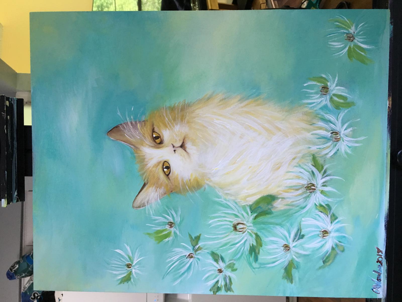 This is a 16"x20" acrylic portrait of Timmy, a naughty cat. The image has been painted on a flat wooden art board. 