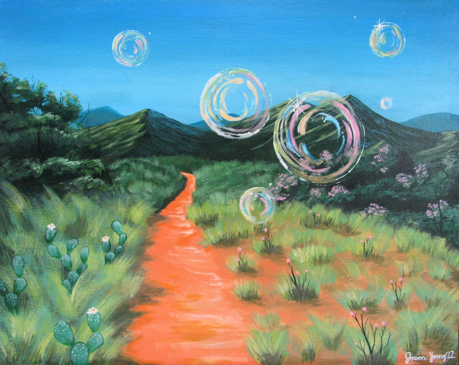 A warm, summers day on a hiking trail in Colorado the scratchy grass, cactus’, and woody plants surround the trail and those who would walk it. Delicate bubbles drift through the sky, falling closer and teasing the danger that lies below that could end their existence In a blink of an eye.