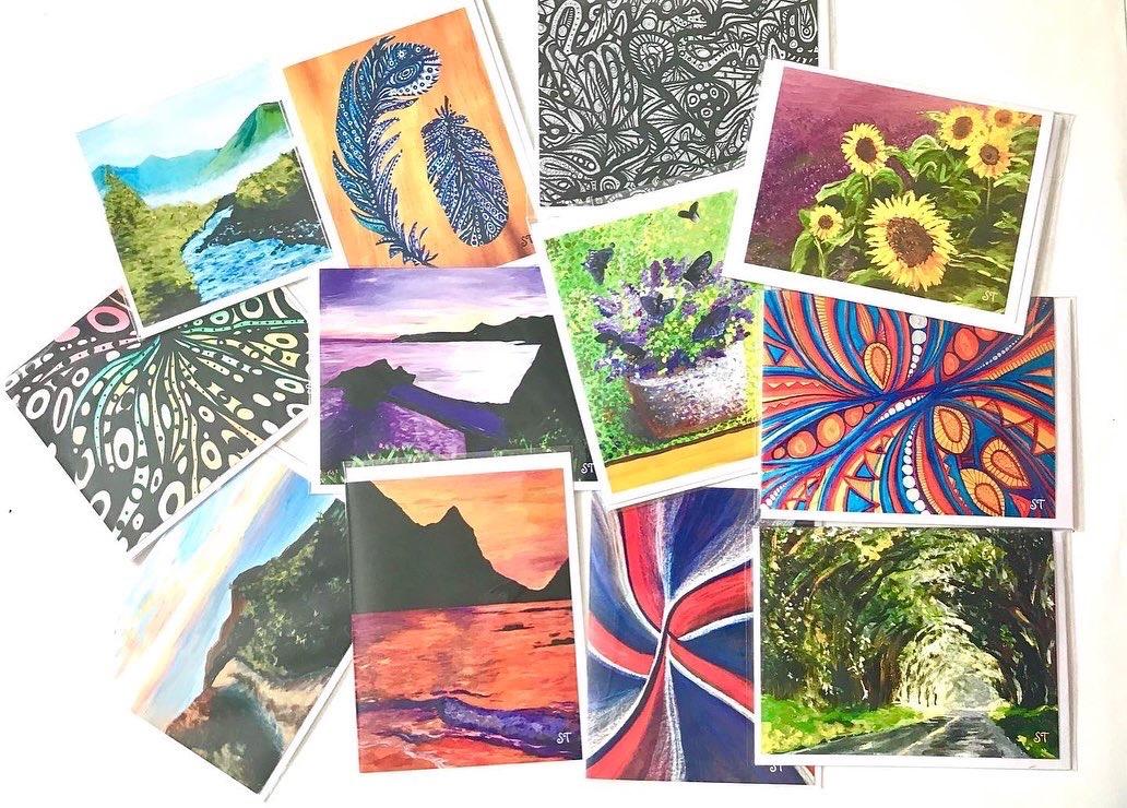 My greeting cards are printed with a selection of past artwork, 12 different pieces from paint to pastel, realistic to abstract. All cards are blank inside, include and envelope, and are individually packaged. They are available individually or in a 12 pack with each design.

12 pack Greeting Cards: Assorted pieces of artwork including abstract and realistic 

Design: Prints of original artwork by Sarah Trevisan. 
Includes prints of acrylic landscape paintings, abstract marker and pen and ink drawings, chalk pastel and tempera paintings.

Printed on white card stock 
Includes blank white envelope
Individually packaged 

Front: Print of Original Artwork
Inside: Blank for personal message 
Back: Sarah T Artist with WEB link

