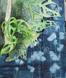 Watercolor, embroidery thread, glass beads, and graphite pencil