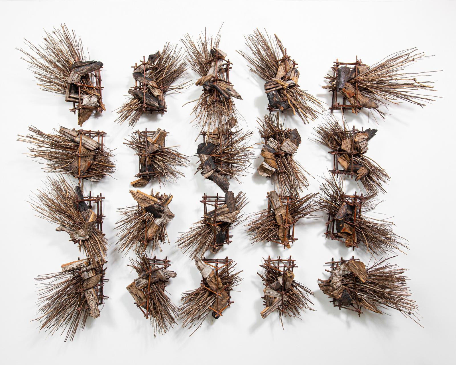 Wall hung sculpture in 20 modular sections.
Materials are pine wood, willow marsh elder and do fennel.