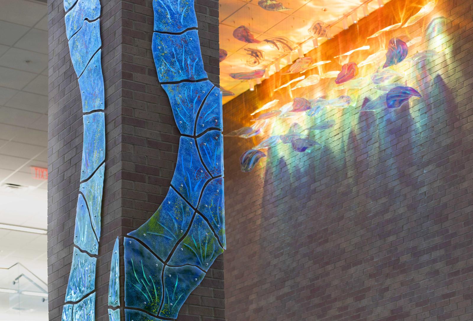 A celebration of sunlight dancing with the water and meadows of Lewisville Lake for the City of Lewisville's Public Library. Collection of the Public Art Program of the City of Lewisville, Texas