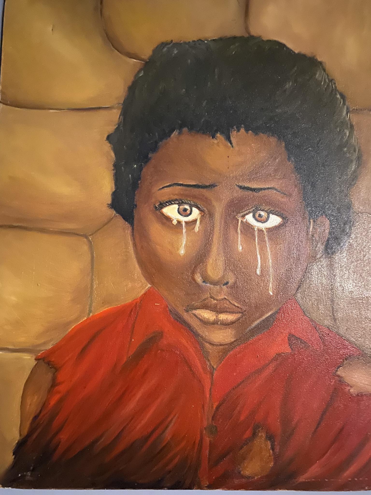 Oil painting of a young boy crying. His story is for others to tell.