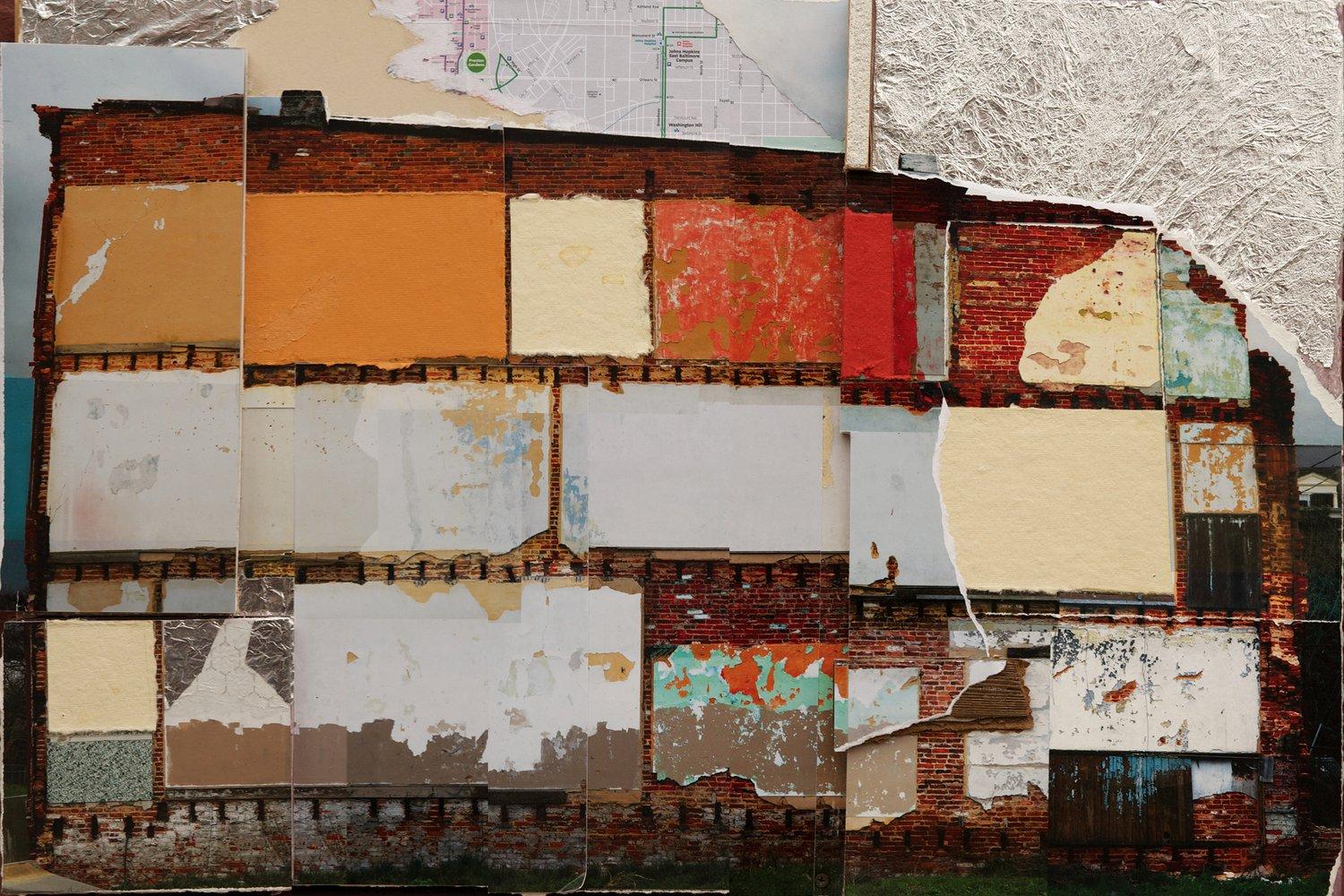 This piece is part mixed-media, part photomontage, and depicts the side of run-down Baltimore rowhome.