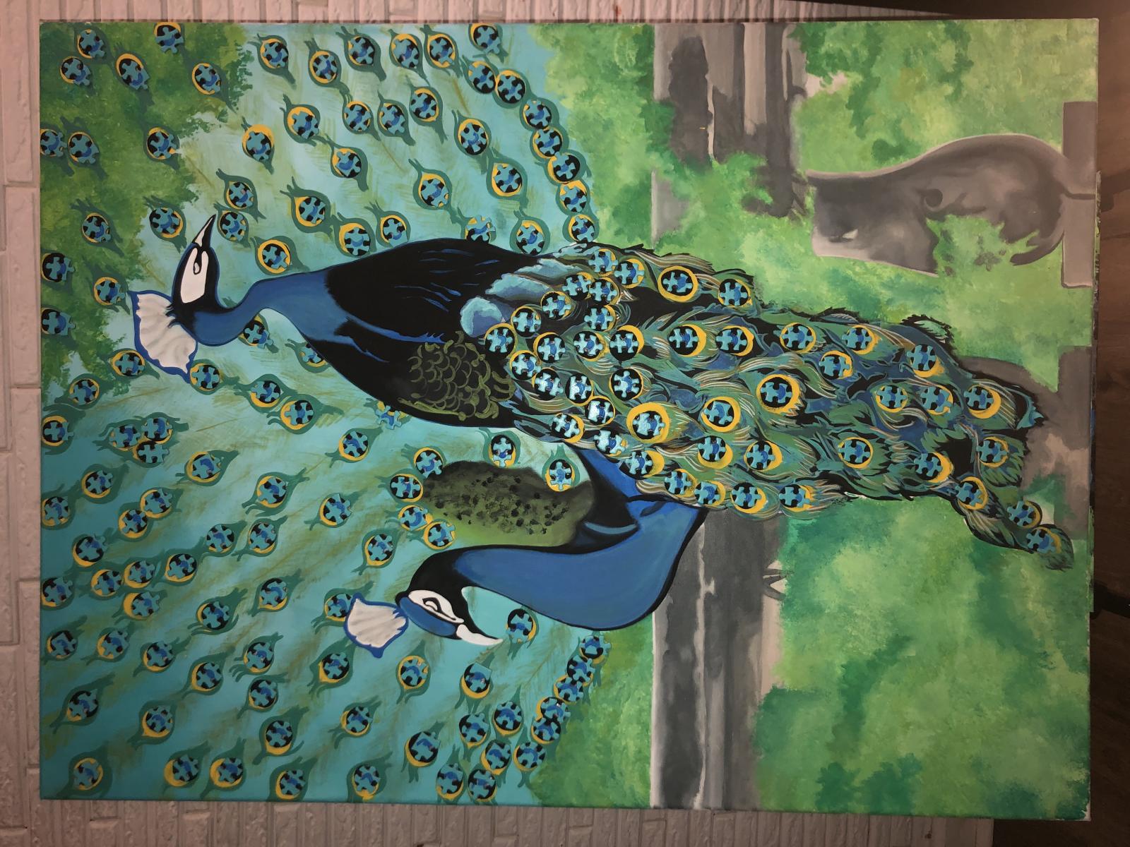 Two engaging Peacocks in a stone garden.