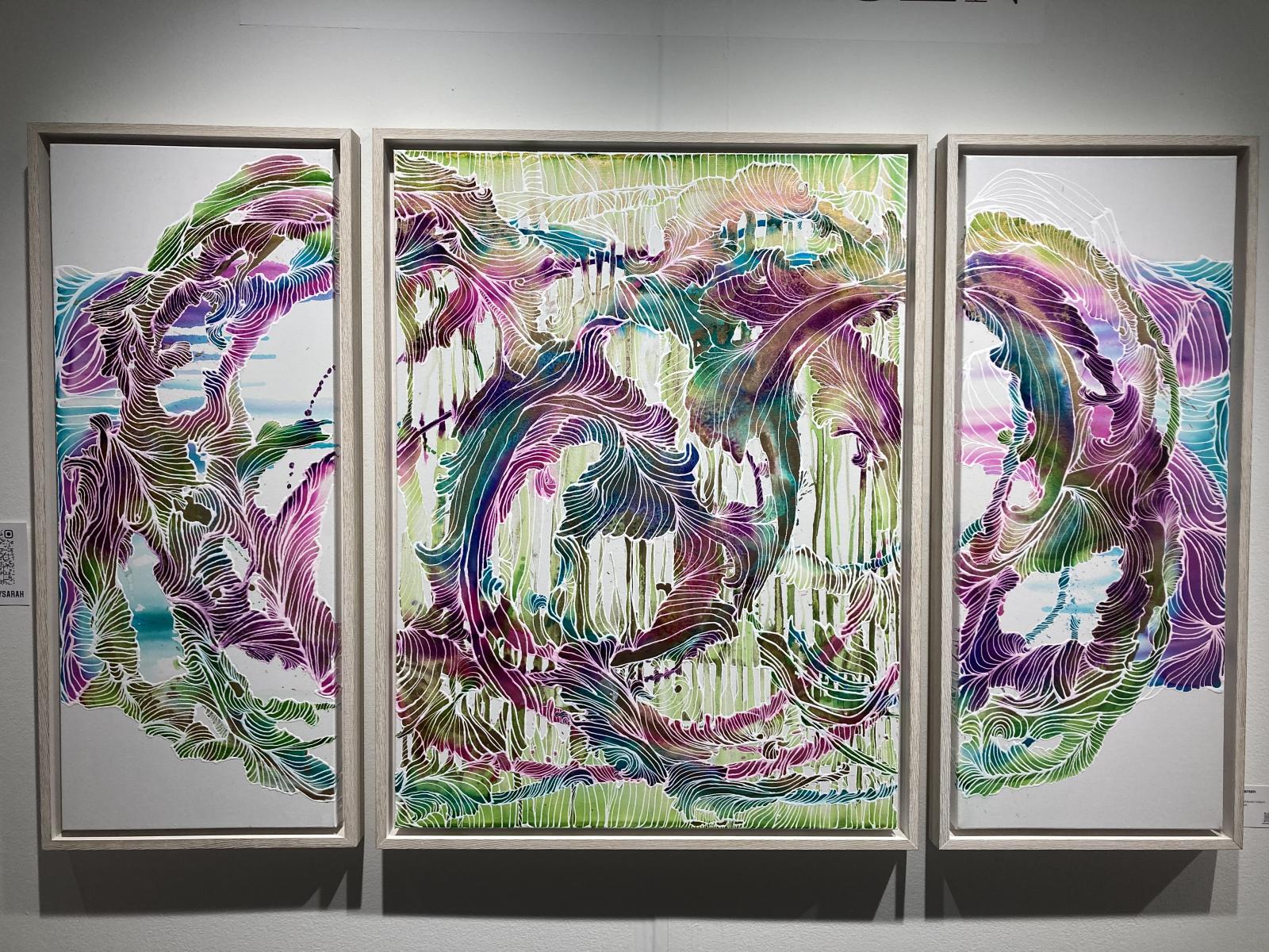 Alcohol ink flowed onto triptych with acrylic line-art.