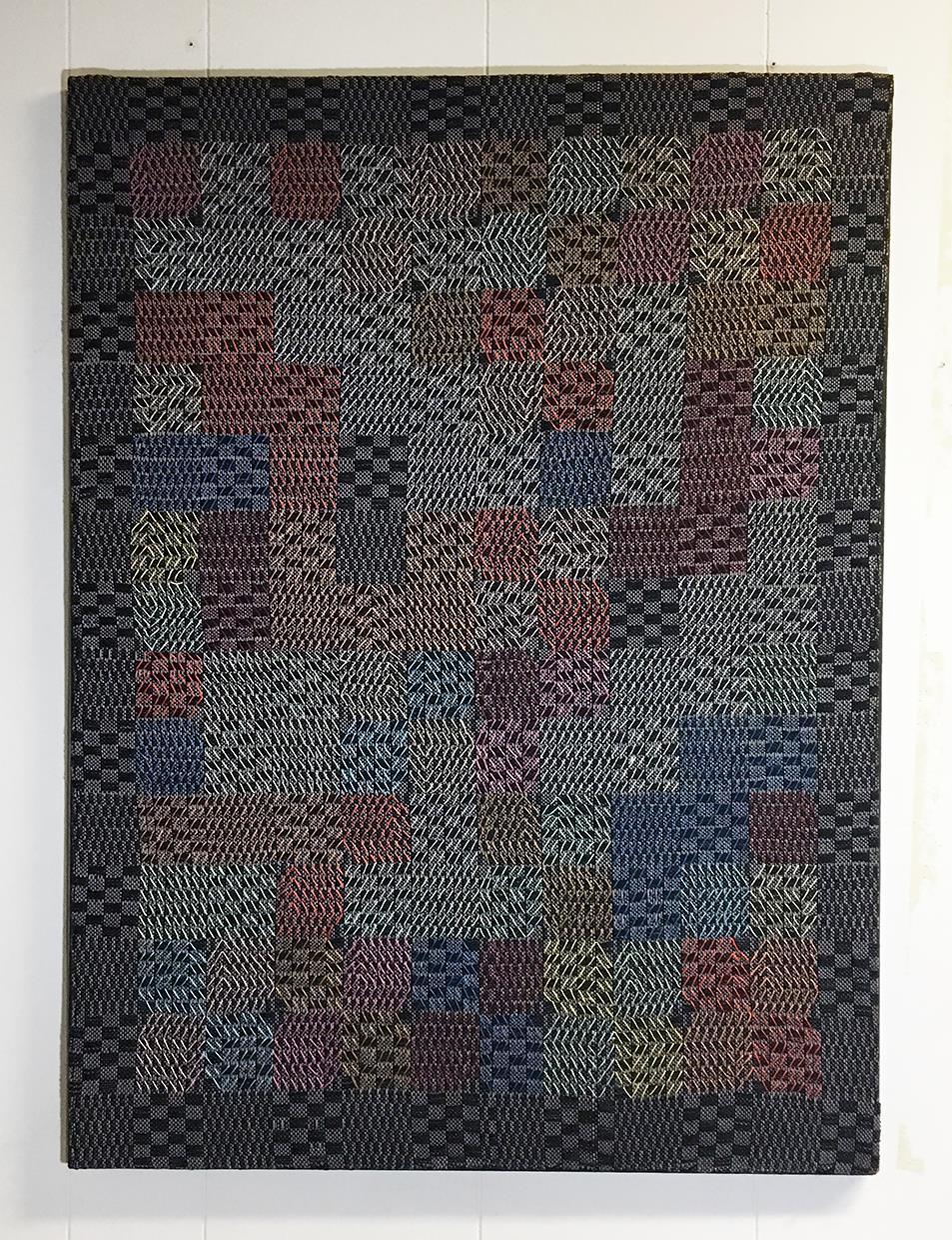 My current body of work is constructed on the loom. To create these pieces, I draw my image to scale using graph paper. I then embroider as I weave, working about 7 inches at a time. I weave a section, then embroider into the cloth using a counted stitch technique.