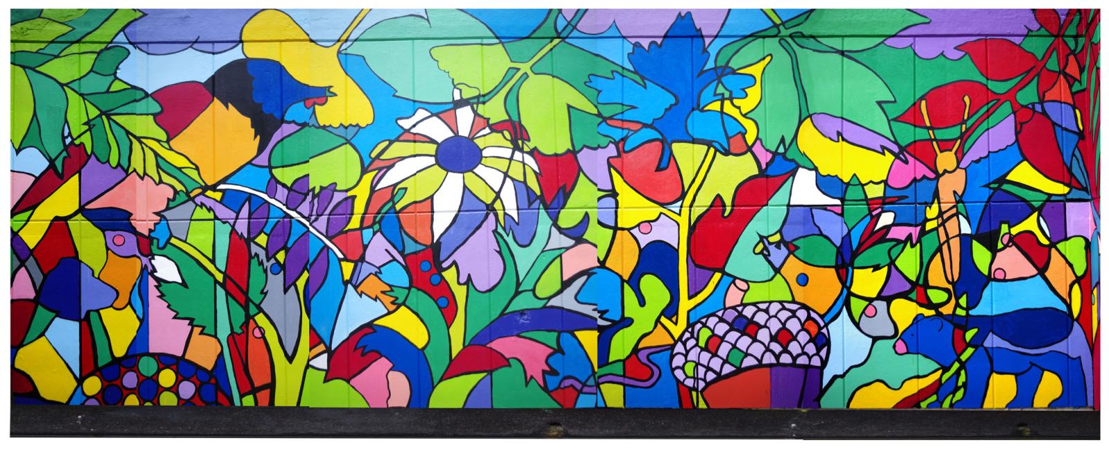 Kenmore Middle School offered me the courtyard to activate, I created a design of parts matching that of the number of graduating 8th graders, each student would have a portion to filing, each line making the image of some animal or plant life found in Maryland
8th graders all took part in completion of the design, Each line crates image that can be found in the Maryland natural resources, The mural served the initial purpose of giving the graduating class a common reminder , also a future teaching tool for classes held in the courtyard