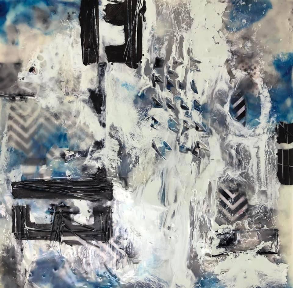 Representing how memories randomly drift in and out of our thoughts, this piece has embedded filmstrip and collaged papers. Companion piece “Drift Out” is sold. On cradled board.