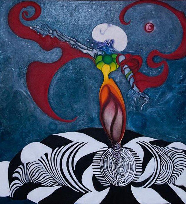 abstract figure with flowing robes emerging out of the material realm presenting an orb representing the soul.