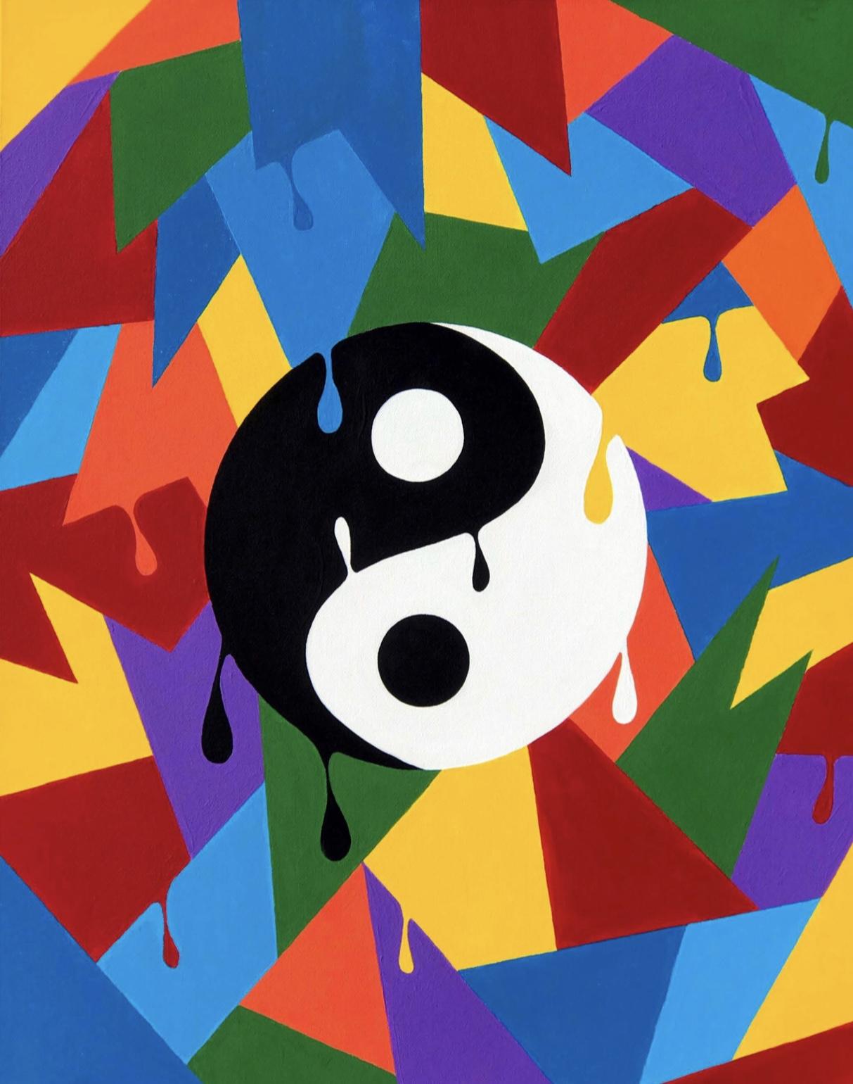 Acrylic Painting of a Ying-Yang symbol with a drip effect and while a shaped colored background.