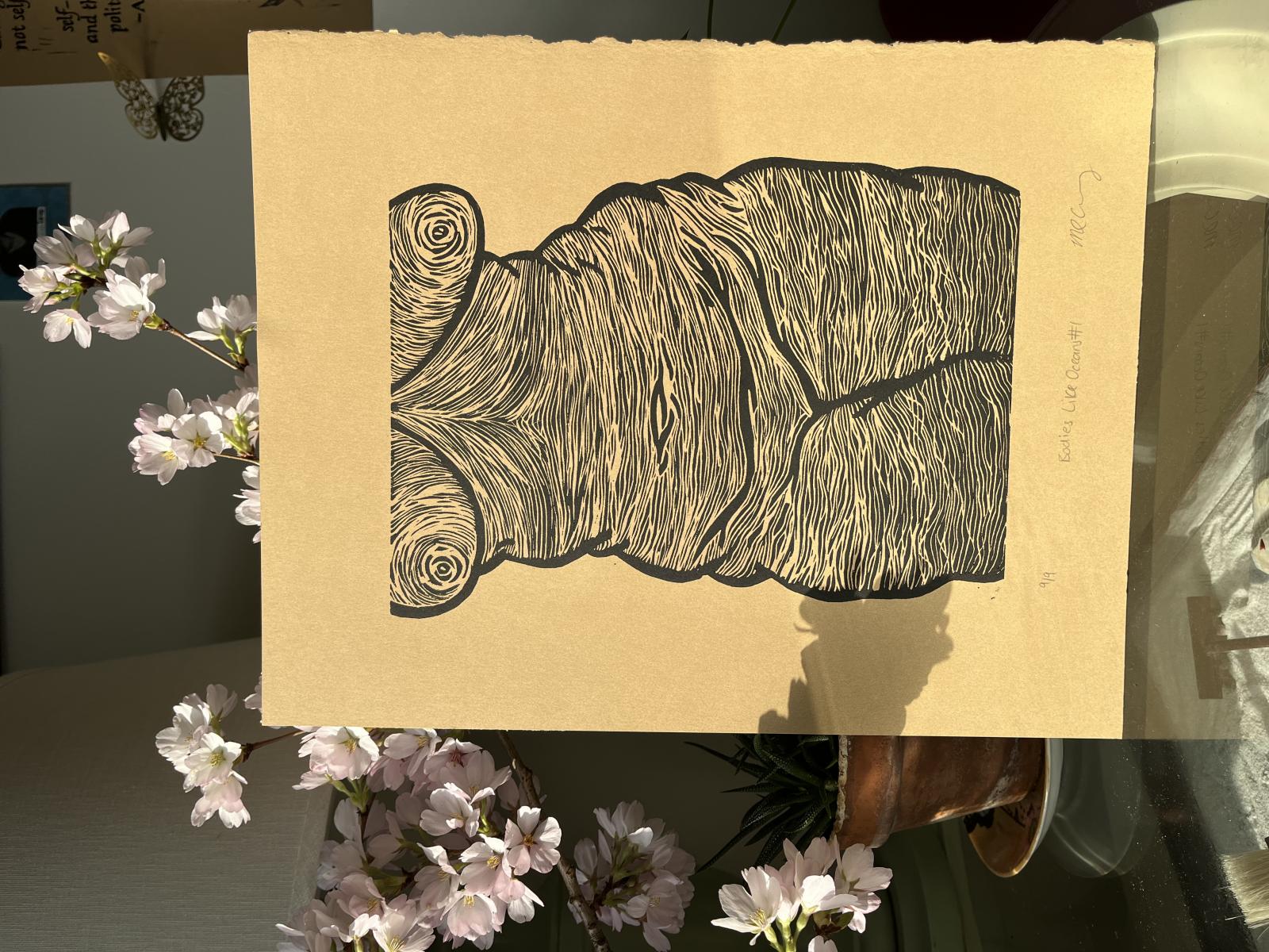 Bodies Like Oceans #1 is a hand-carved linoleum block print on 11x14" Stonehenge kraft-colored archival paper.
Bodies Like Oceans #1 celebrates and features a gorgeous fat Black body detailed with fine lines to accentuate every curve and roll. This print is part of a three-print series called Bodies Like Oceans based on the idea that fat bodies are magic, they hold the depth of the ocean, and they are grand, beautiful, and worth protecting.