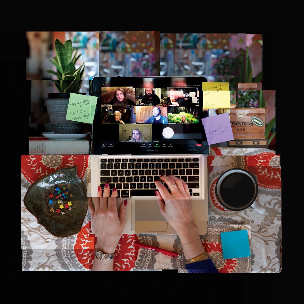 This is a digital photomontage of a still life depicting a laptop on a table during a Zoom meeting for a reading group discussing an essay by Susan Sontag.