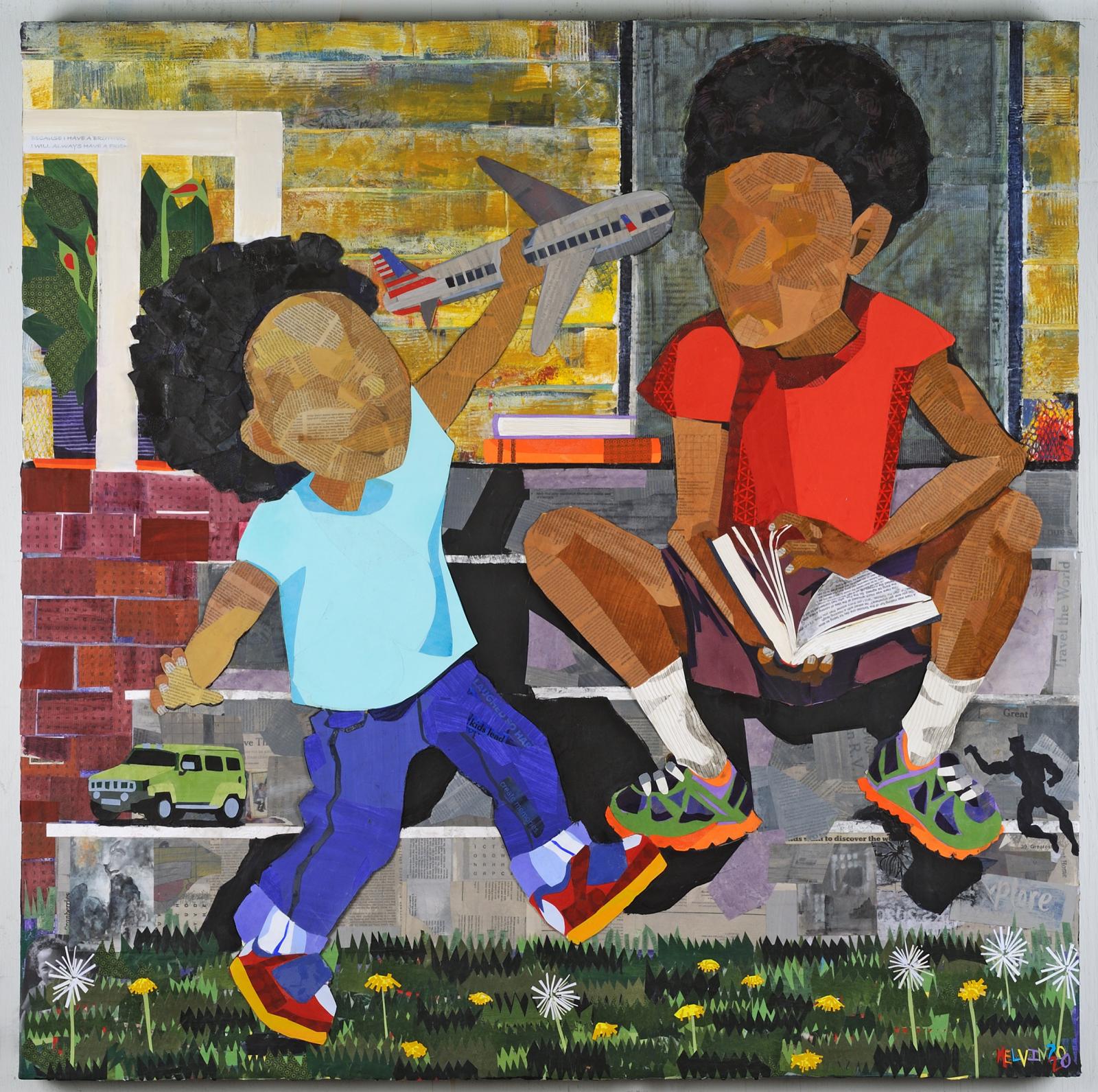 Painted paper and newspaper collage on canvas