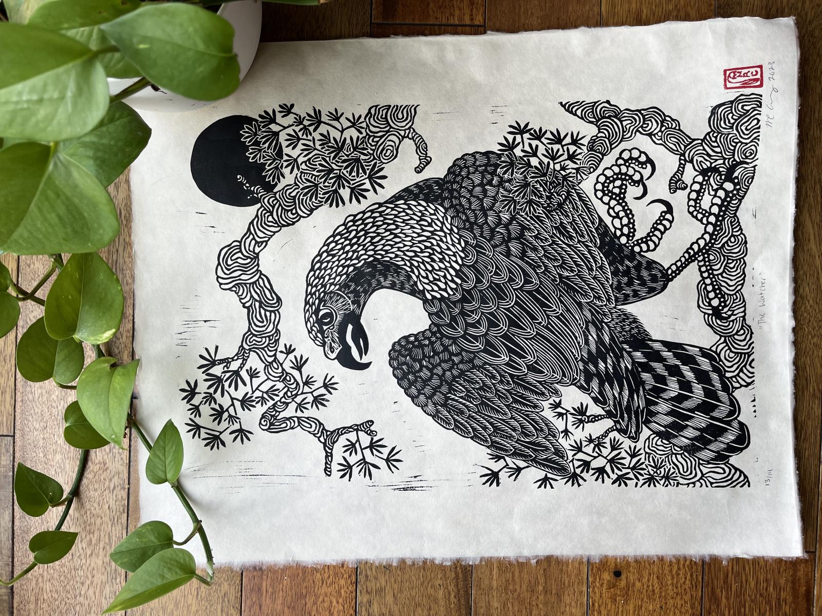The Watcher is a hand-carved linoleum block print printed ink black ink on 16x20” natural kitikata paper. In this print we see a celebration of the linoleum block print medium-texture. A massive hawk peers through a black pine observing his territory. The Watcher is print number two in a series of animal themed prints paying homage to traditional Japanese woodblocks.