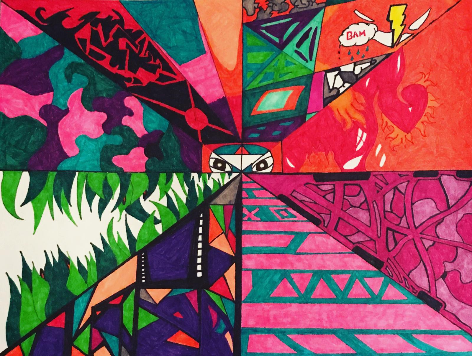 Personal Character surrounded by different colorful dimensions