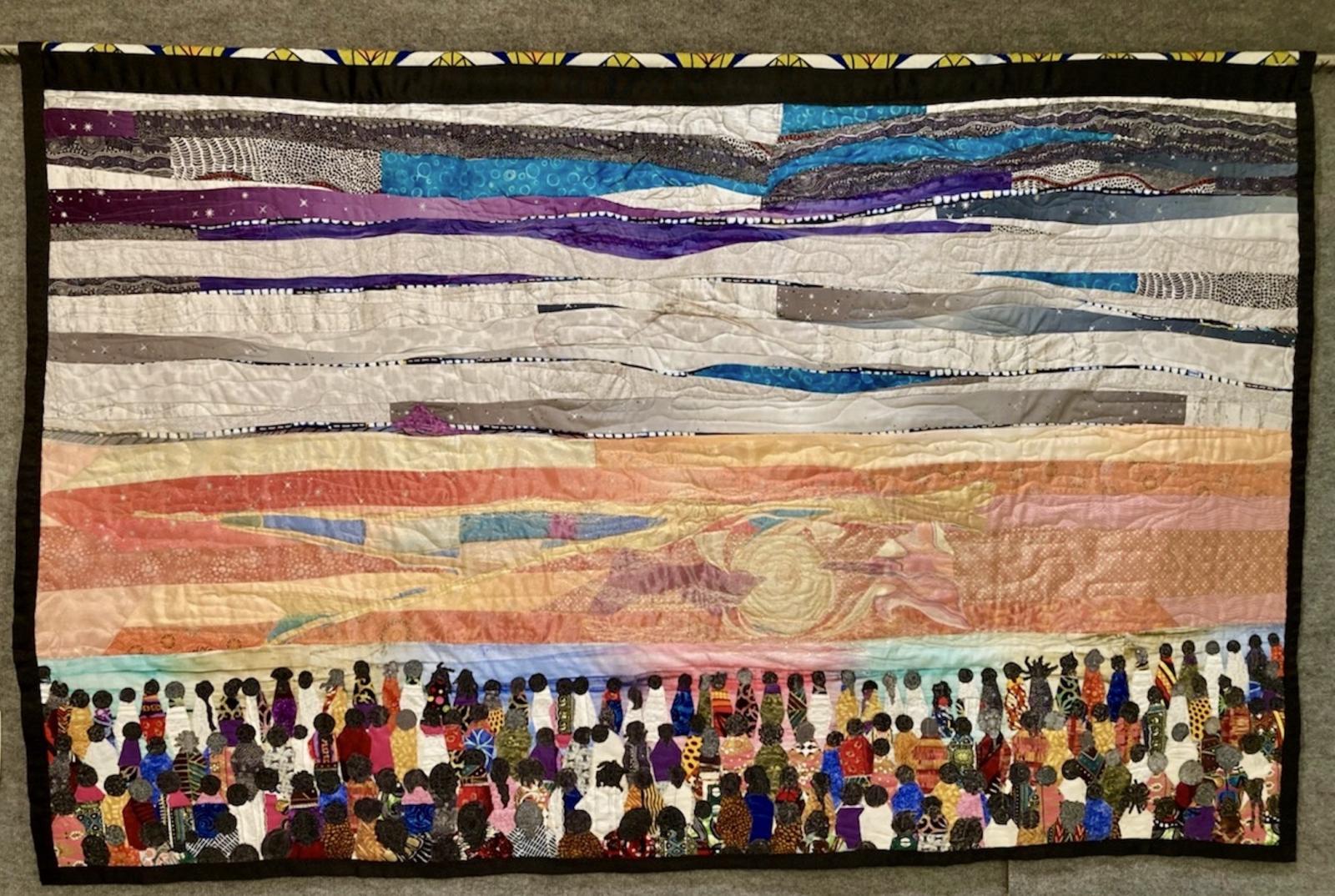 Art Quilt 64 x 44 ". Pieced background with raw edge applique figures. African Wax prints, Aboriginal cotton prints and commercial cottons, hand painted silk, organza and tulle.
The piece is inspired by James Weldon Johnson's anthem Lift Every Voice and Sing. 164 individuals of all ages and sensibilities await the dawn of the promised new day.