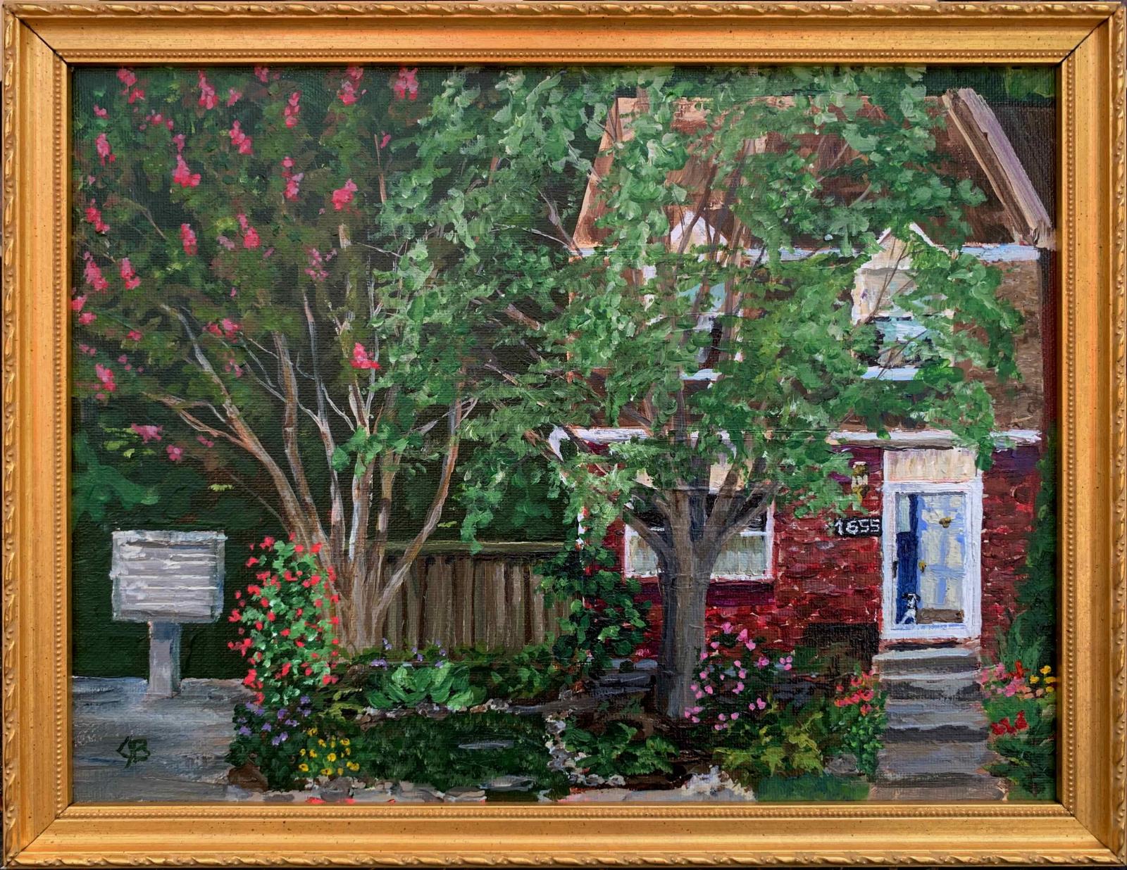This painting of a townhome in summer shows a dog waiting behind the storm door for his person to return home. This was created for a college student to keep in their dorm room to remind them of home.