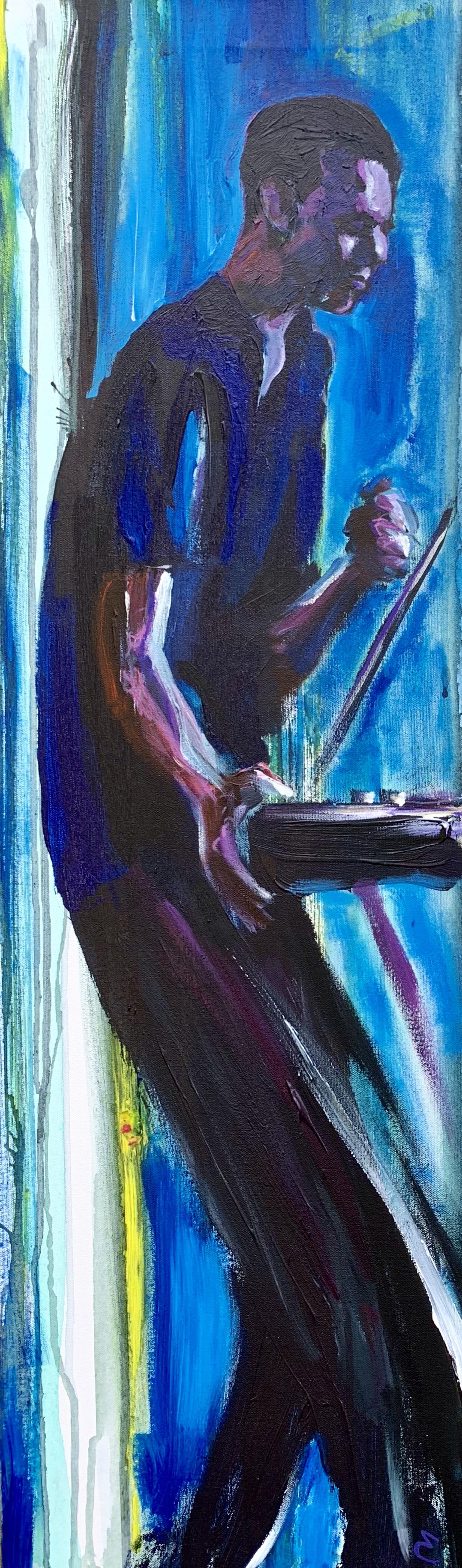 Another in a series capturing live local music in paint. This musician is playing the theremin and a synthesizer.