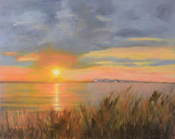 The Chesapeake Bay in Maryland is a waterman's beauty. A privilege to see the Sun set on her. This particular scene was captured by a casual fisherman at the days end and shows the Chesapeake Bay Bridge in the background. The photographer was a neighbor and joyfully gave me permission to try to paint the image. Bridges make good neighbors!