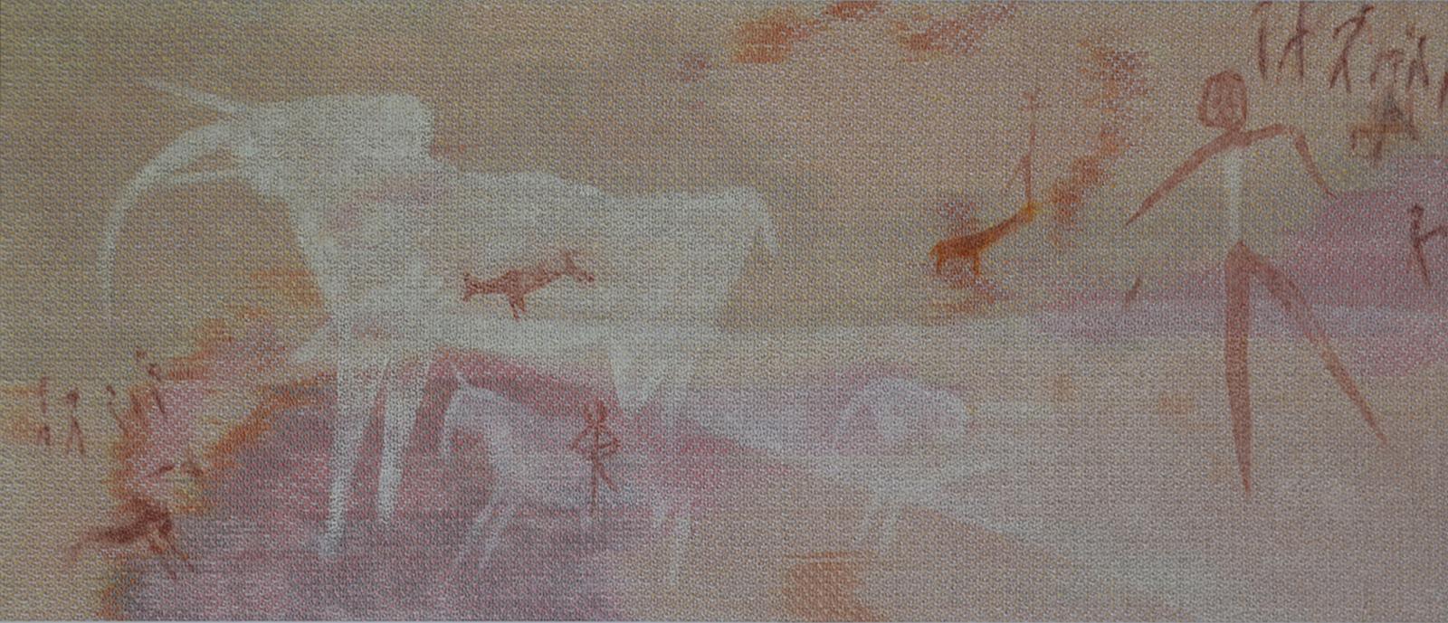 Dyed linen woven and painted, cave Painting inspired by Phillips Cave, Namibia, Africa