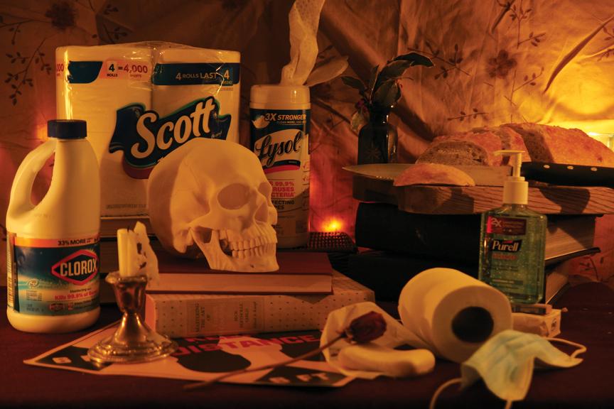 Inspired by traditional still-life paintings by the Old Masters, this color photograph depicts objects associated with the coronavirus and related quarantine. It was shot in the closing hours of 2020.