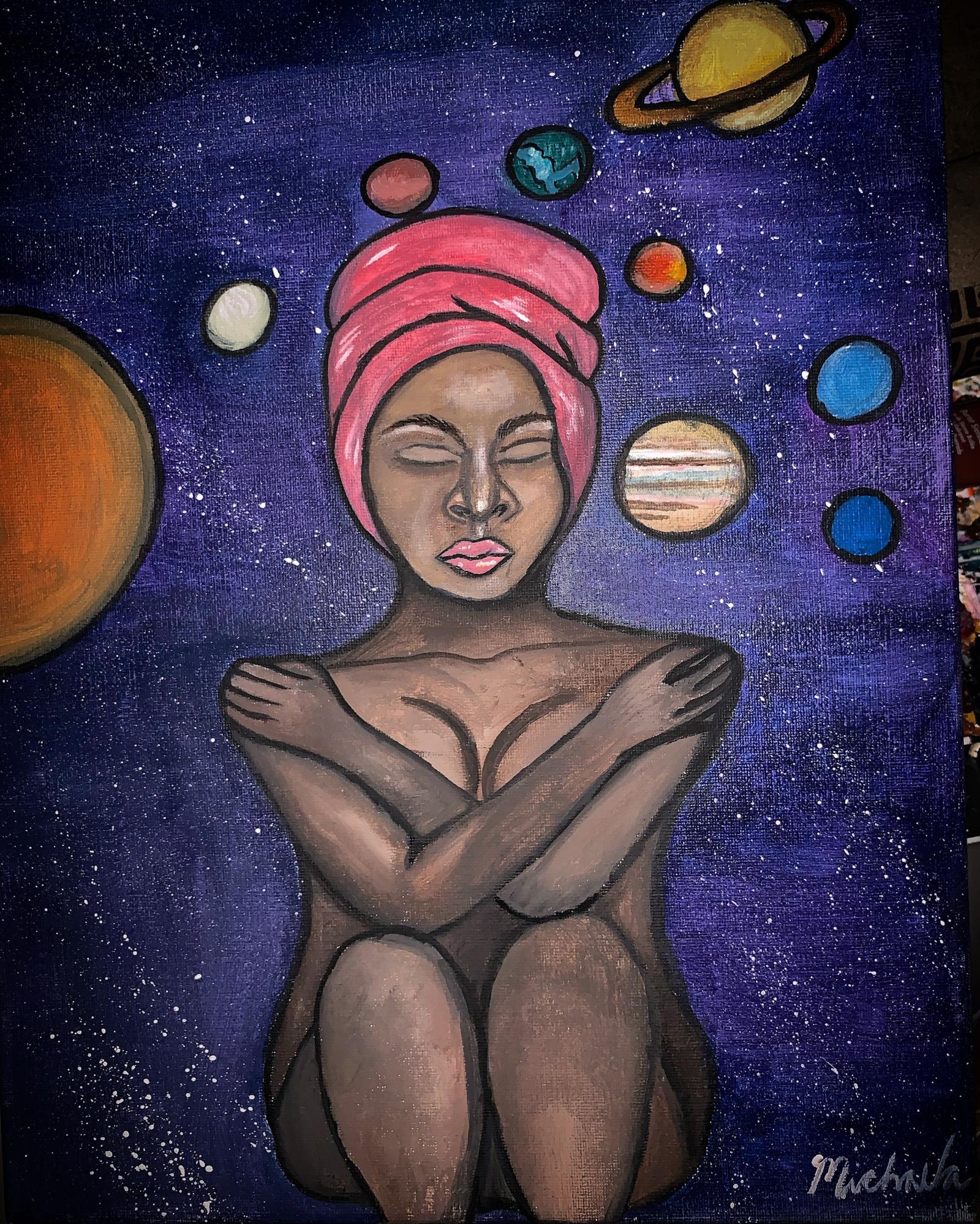 A woman mediating and feeling like she’s in outer space .