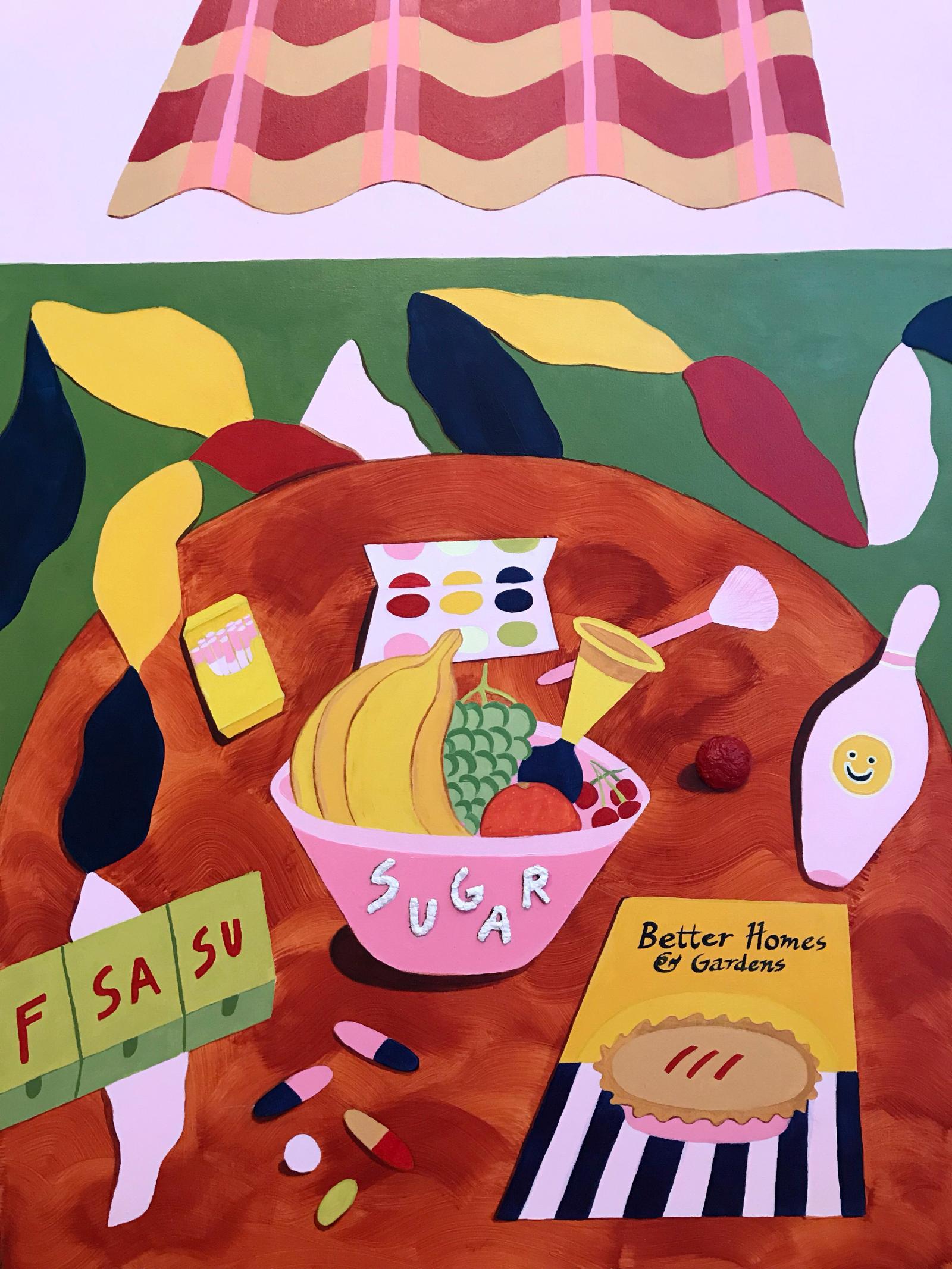 A part of Tillman's first solo show FREAKBANANA; an introductory body of work consisting of mixed media paintings, digital collage, and sculpture. Loosely steming from Ikebana, the Japanese art of flower arrangement, Tillman creates pieces that focus on shape, line and, color.  With these pieces, Kelci Tillman explores the crossroads of humor and vulnerability. 