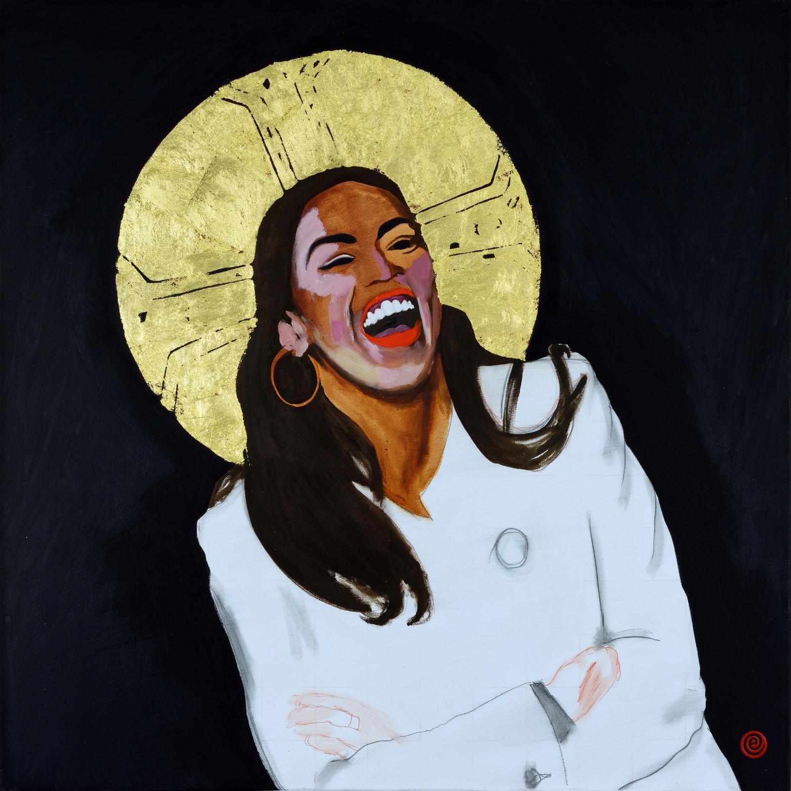 Alexandria Ocasio-Cortez is the face of the next phase in our society. She is the face of social justice, not alternative facts and powerplay. She inspires me just for behaving true to her principles. I think I am not alone in being tired of political leaders who only react to polls and political donors, regardless of which political party they represent.
My subjects are iconic people / topics that have had an impact on me or our society.
I used pure 24K gold leaf on this painting - it emits a rich brilliance.
The painting is signed on the back and has my “e” symbol on the front.
The painting continues around the sides, so it is ready to hang unframed.