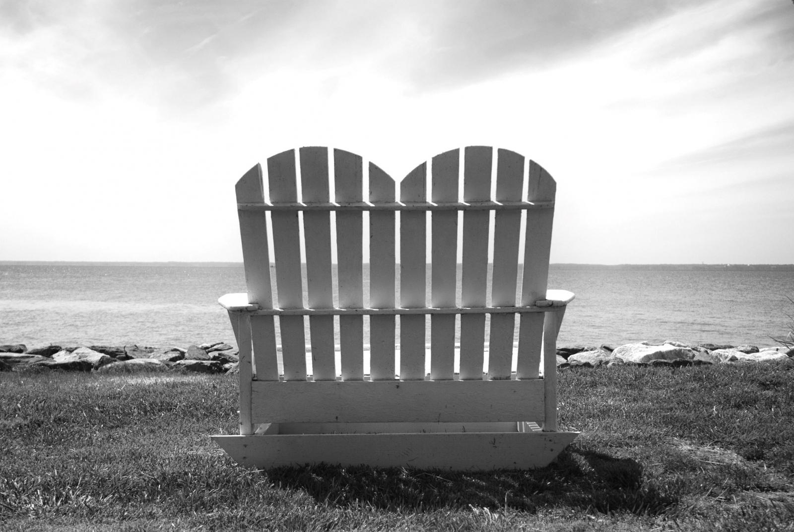 Black and white print of Adirondack chairs on Tilghman Island, Maryland