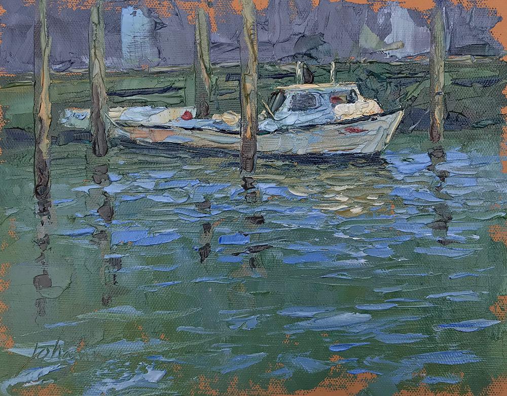 Oil painting of a crabbing boat in Norfolk, VA during the East Beach plein air event